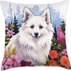 Lindo perro esquimal americano en primavera flor prado arte naturaleza almohada, 18 x 18 pulgadas, multicolor Lindo perro esquimal americano en primavera flor prado arte naturaleza almohada, 18 x 18 pulgadas, multicolor