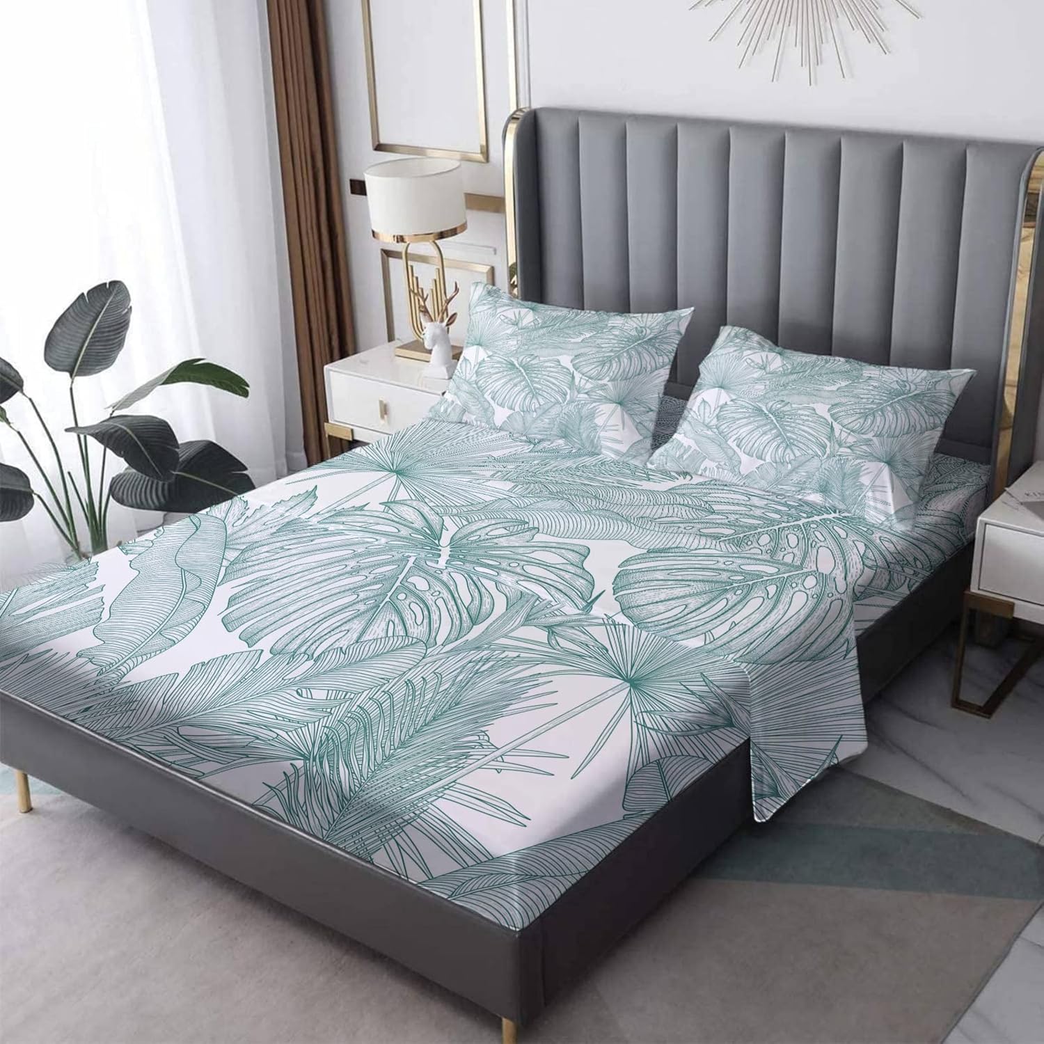 Juego de sábanas tamaño King con estampado de hojas tropicales para cama ajustable, sábanas y fundas de almohada con patrón de hojas de palma de