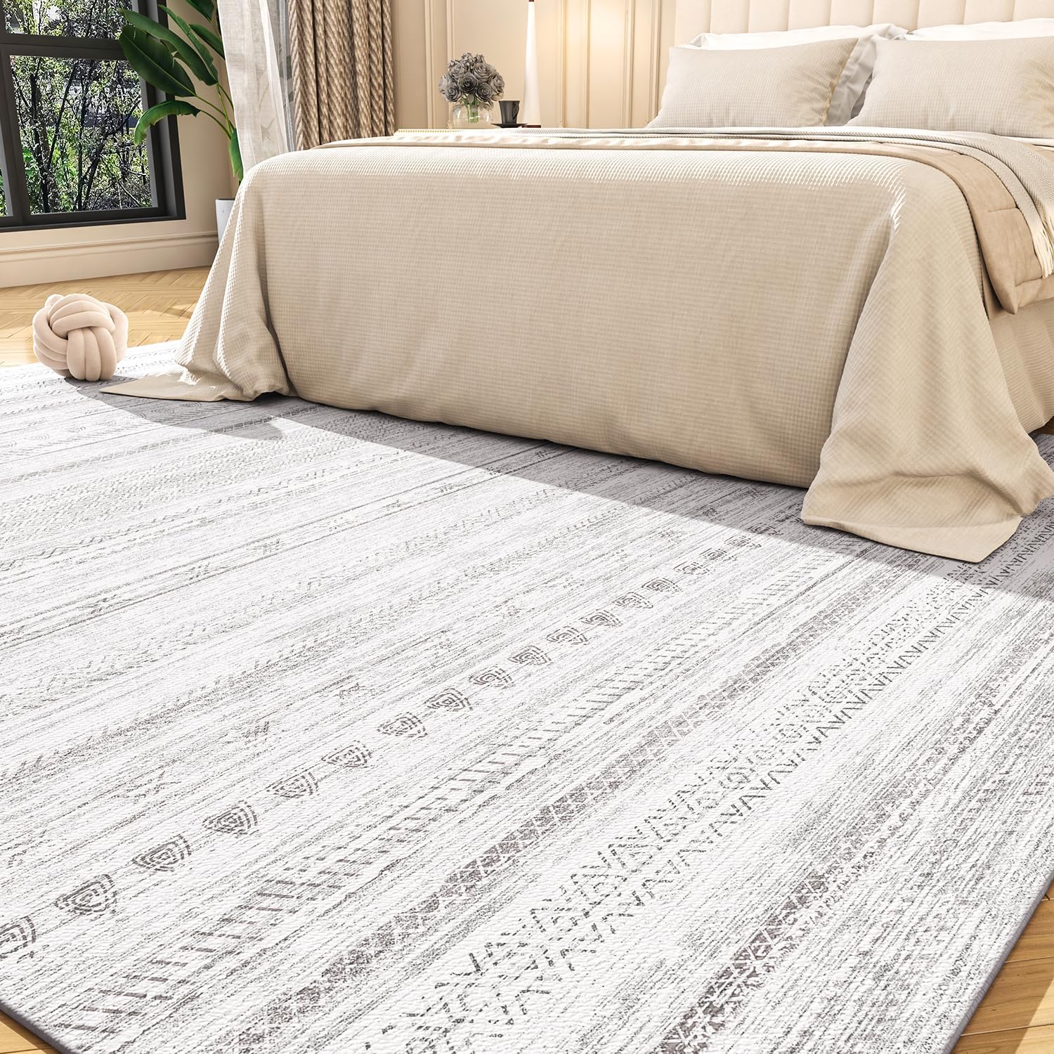 Alfombra de área de 9 x 12 pies para sala de estar, lavable a máquina, alfombra envejecida para interiores, alfombra bohemia marroquí neutra, ultra