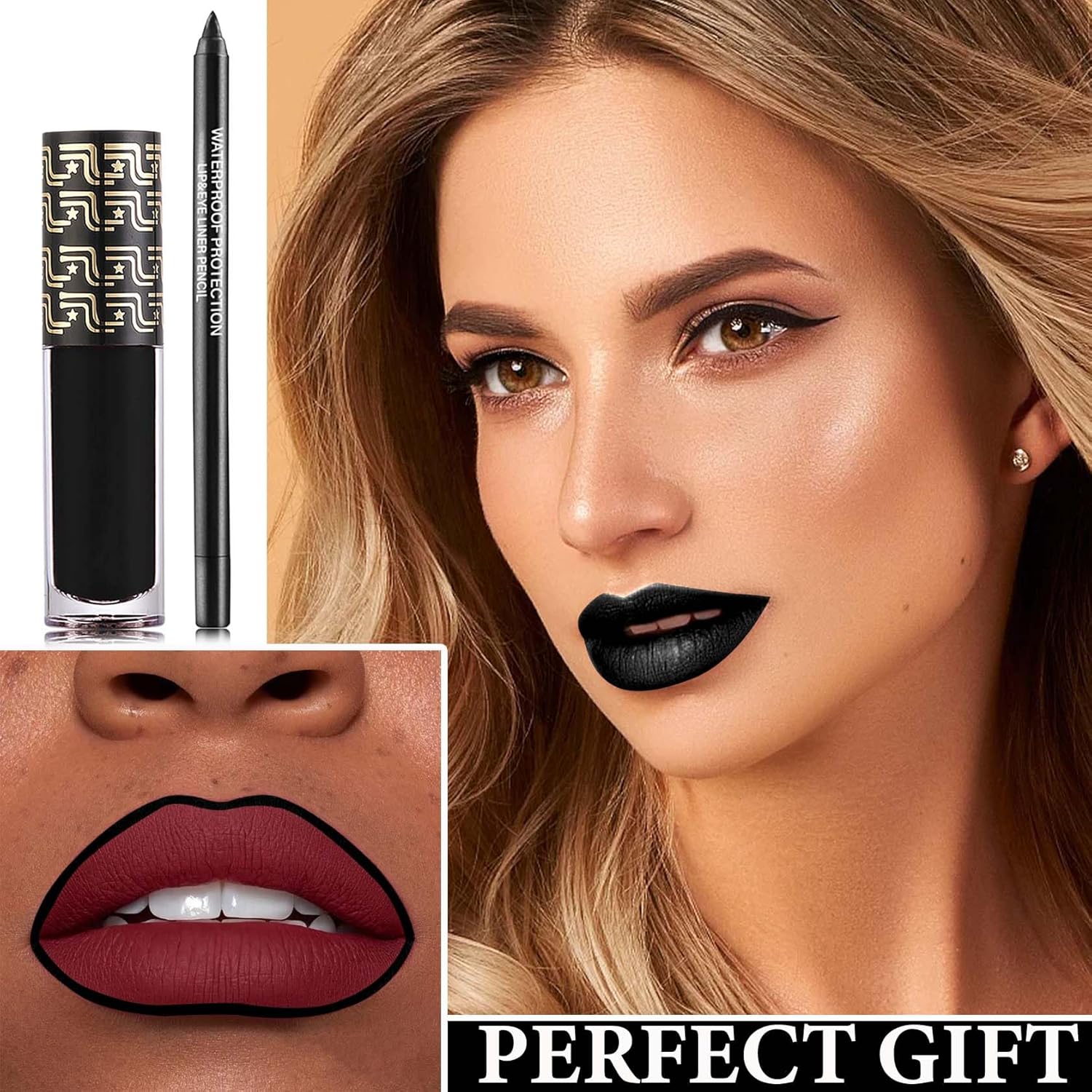 Juego de 2 delineadores de labios y lápiz labial, kit de brillo de labios de terciopelo pigmentado, juego de delineadores de labios negro mate,