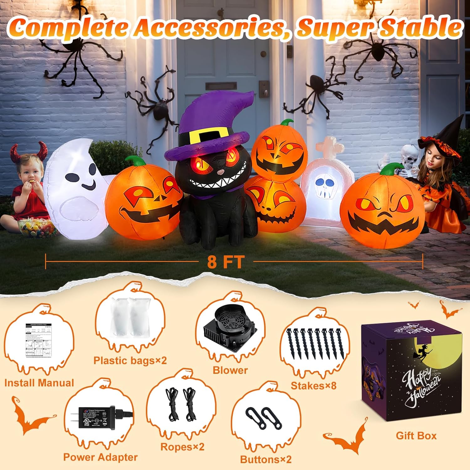 MICOCAH Inflables de Halloween de 8 pies de largo para decoración al aire libre, faroles inflables de gato y calabaza con lápida, fantasma,