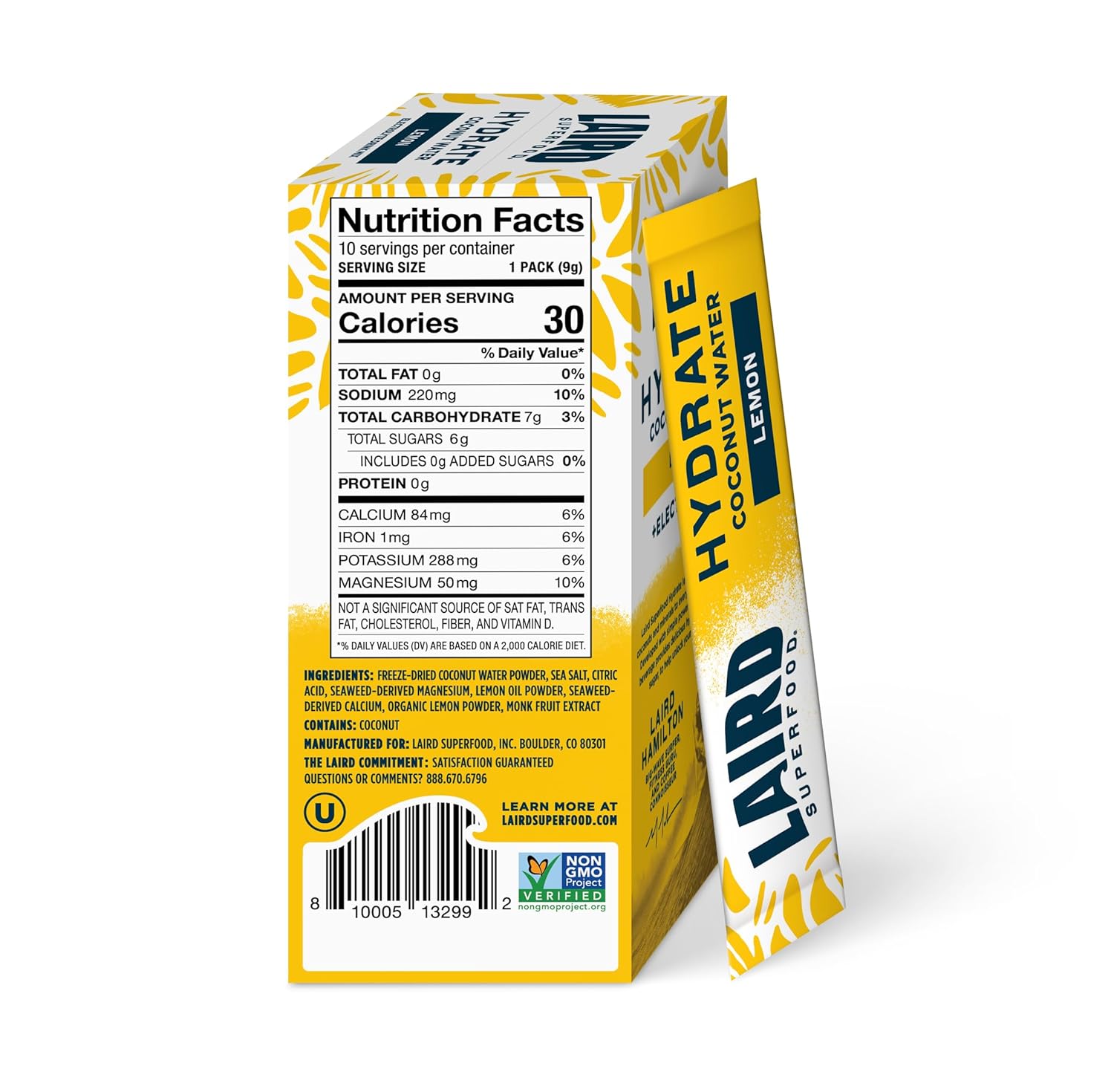 Laird Superfood Hidrata agua de coco  Mezcla de bebida con electrolitos  Limón, 10 palitos individuales  0.00 oz de azúcar añadido  Sin ingredientes