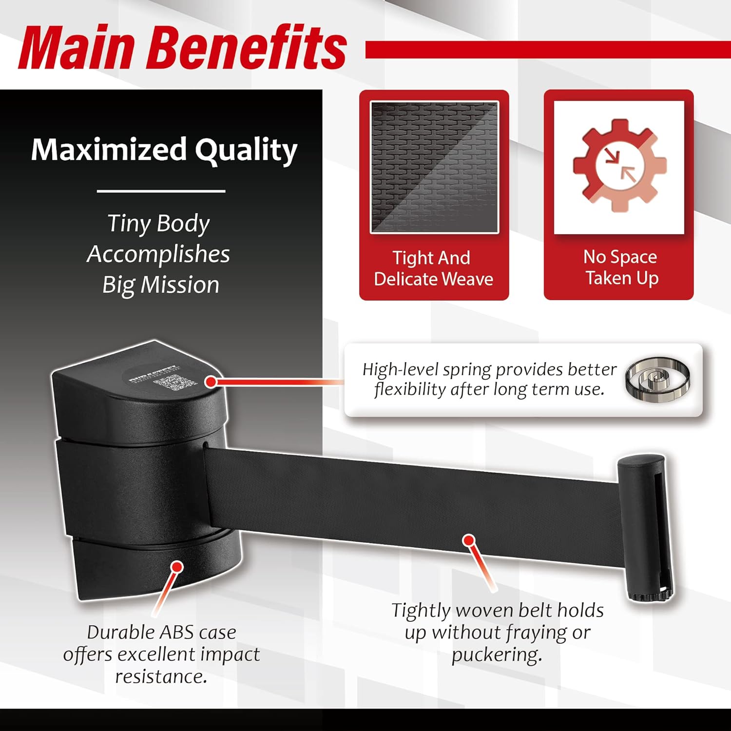 DuraSteel Barrera retráctil para cinturón de montaje en pared, cinturón de seguridad negro de 6.5 pies en carcasa negra, Guardian 2.0 para
