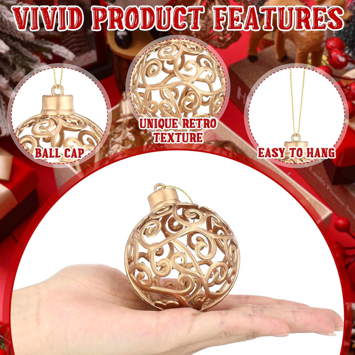 Shappy 6 adornos de bola de Navidad dorados de Navidad de 235 pulgadas, colgante de diamante, adorno de árbol de Navidad, decoraciones de Navidad