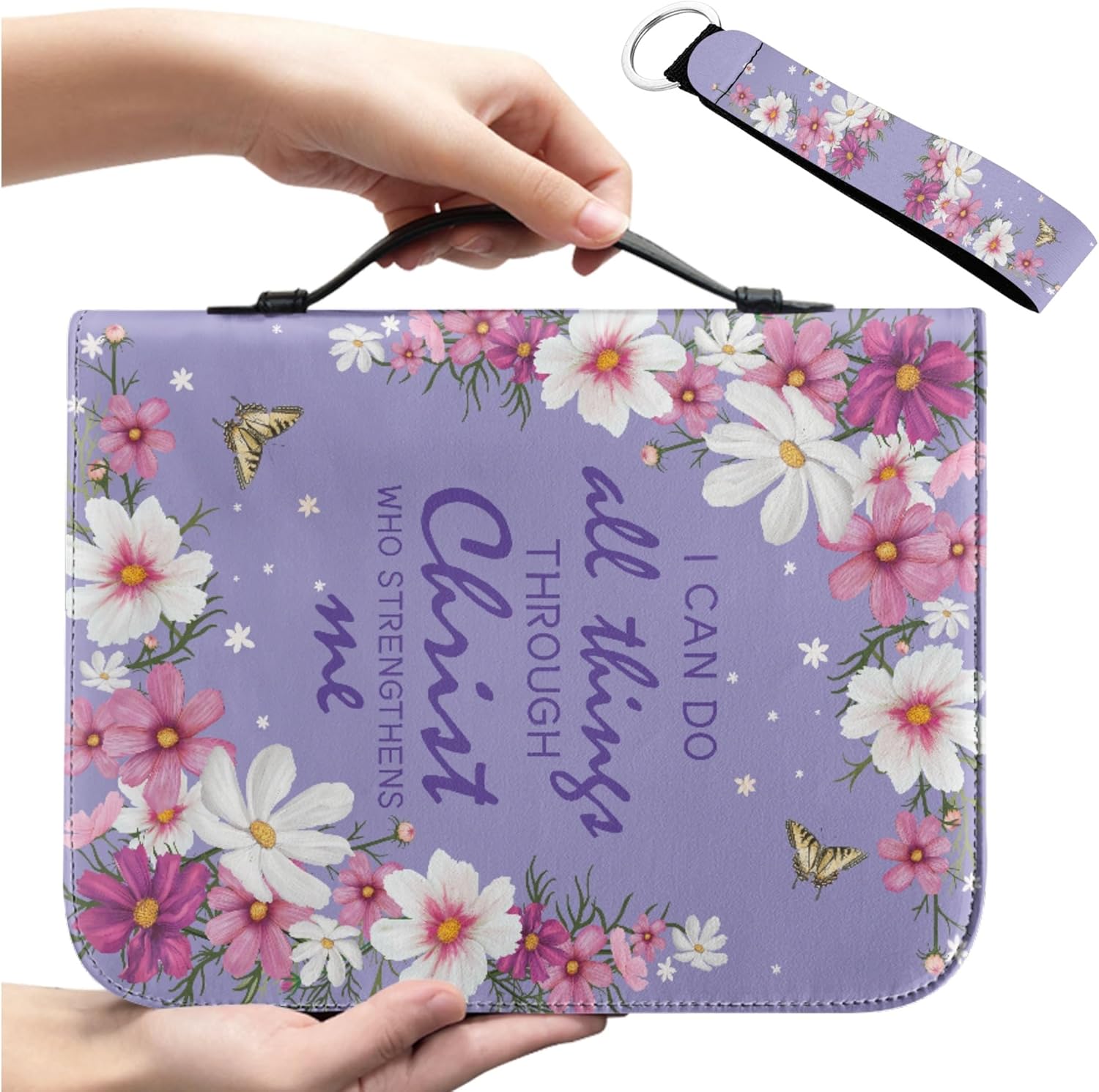 Funda de la Biblia con diseño de flores para mujer, funda pequeña para la Biblia con asa con cremallera y llavero, bolsa protectora de la Biblia,