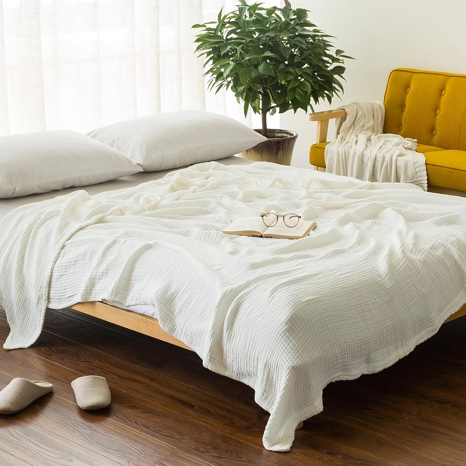 EMME Manta de algodón tamaño Queen para cama, suave y grande, de muselina de 80 x 90 pulgadas, ligera, transpirable, manta de gasa para todas las