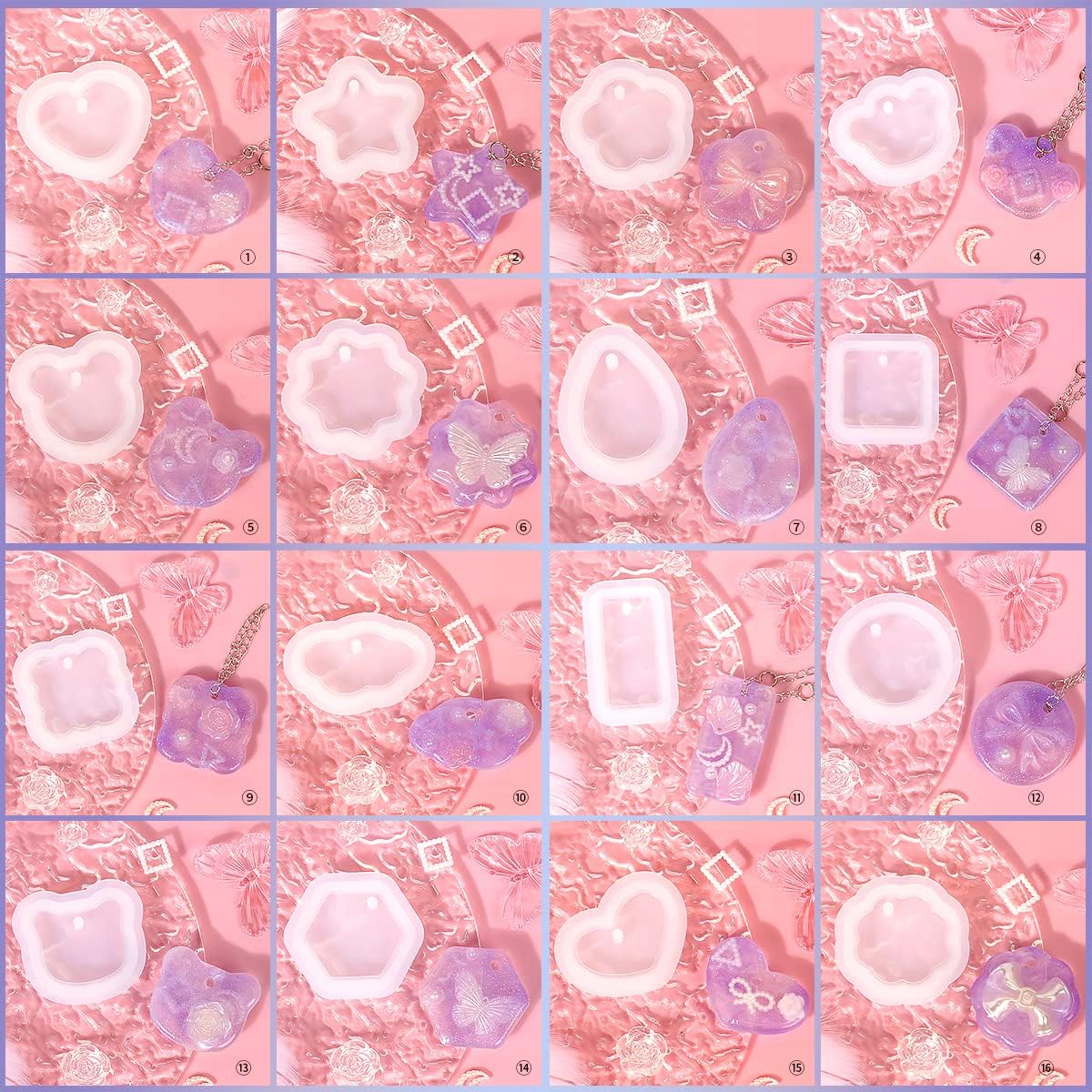Moldes de joyería de resina, 16 moldes colgantes para fundición de resina, moldes de silicona para resina epoxi, moldes de resina de silicona,