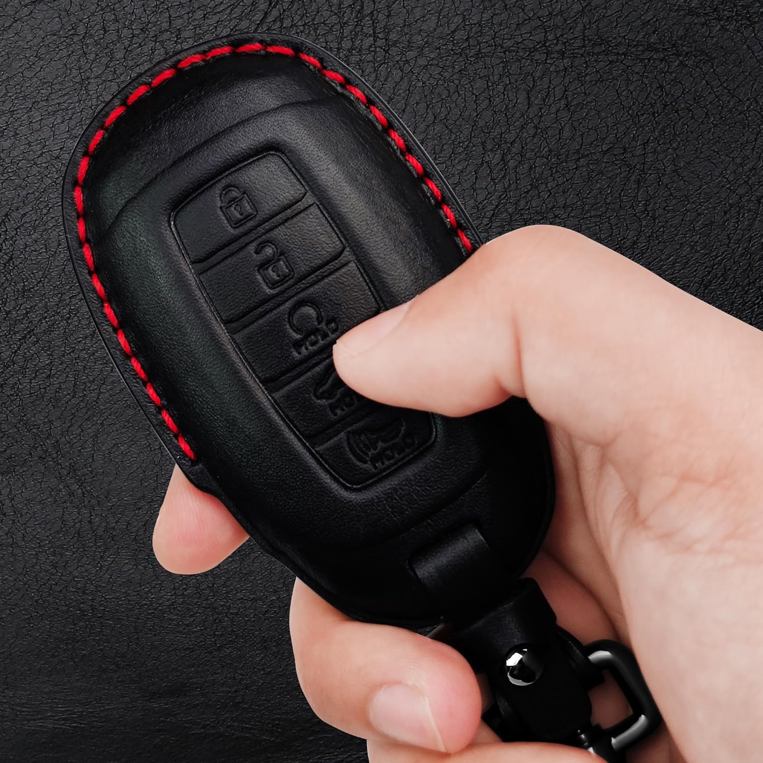 Tukellen Funda de cuero genuino para llavero inteligente para Hyundai Palisade Elantra GT Accent Kona Santa Fe Veloster 2020-2022, Negro (línea roja)