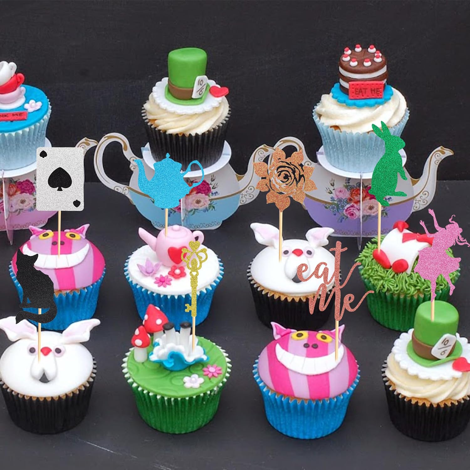 Arthsdite 24 piezas de decoración para cupcakes de Alicia en el país de las maravillas con purpurina, tetera, llave, póquer, conejo, gato, flor,