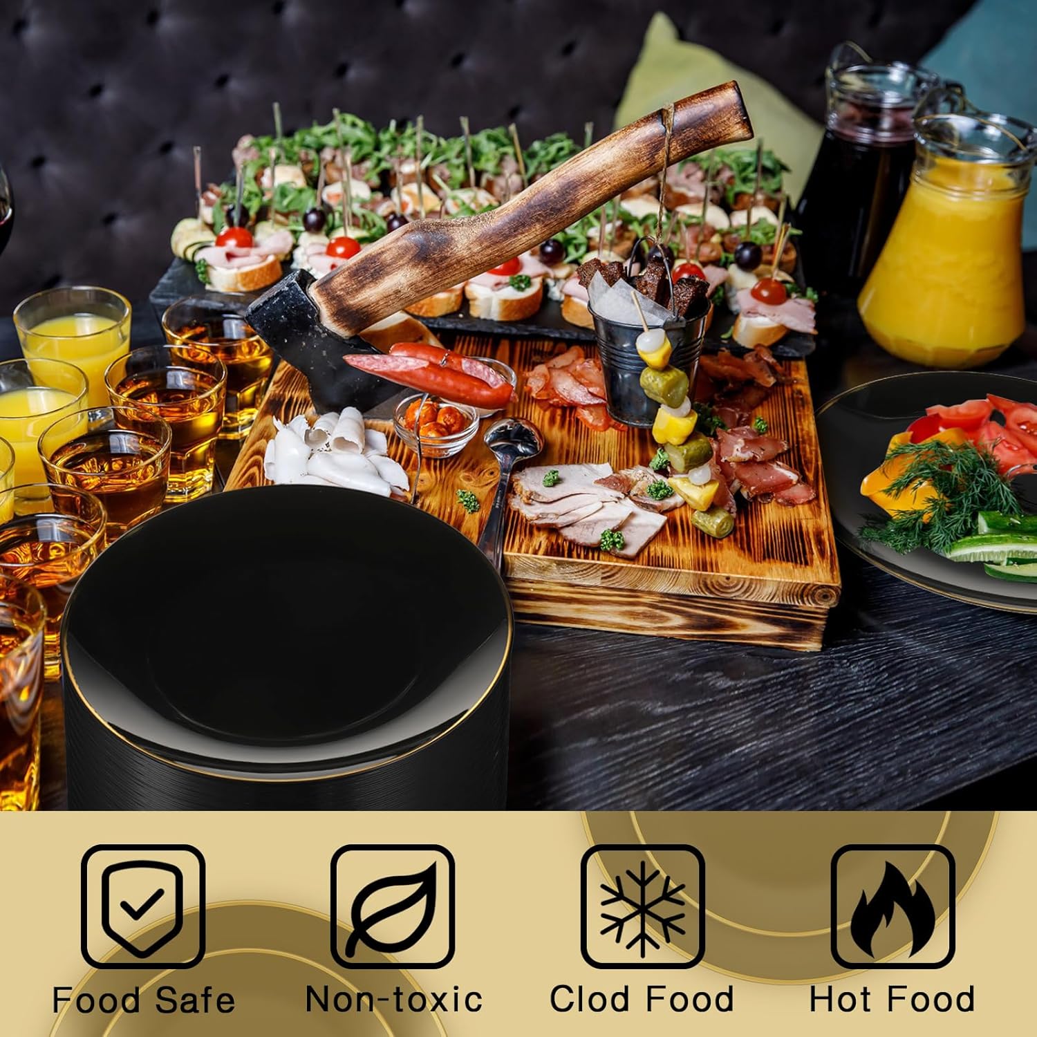Ziliny 50 platos de plástico negro con diseño de borde dorado, elegantes platos de postre negros para fiestas, platos llanos desechables a granel,