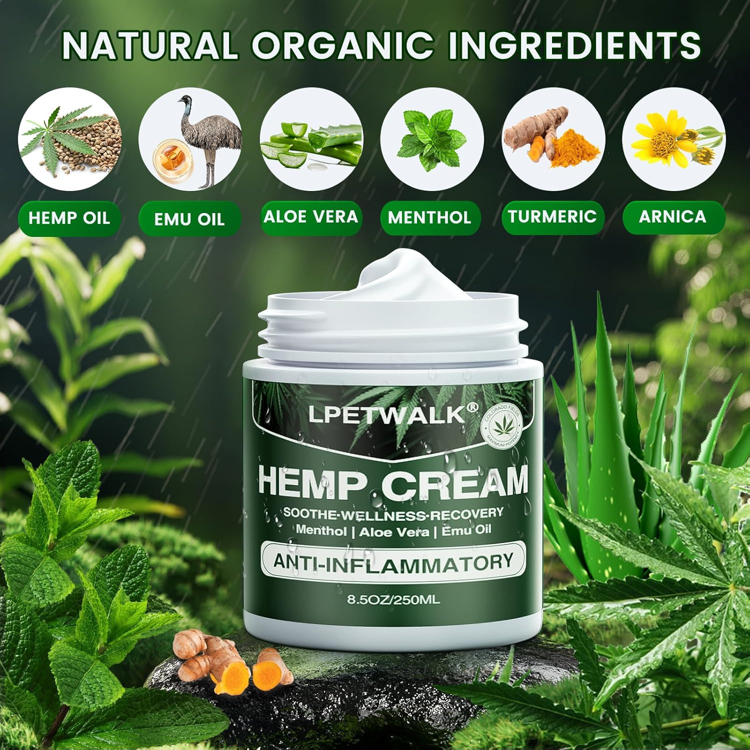 Crema de cáñamo de 8.5 onzas de máxima resistencia, crema instantánea natural de cáñamo con cáñamo, árnica, cúrcuma, fórmula totalmente natural