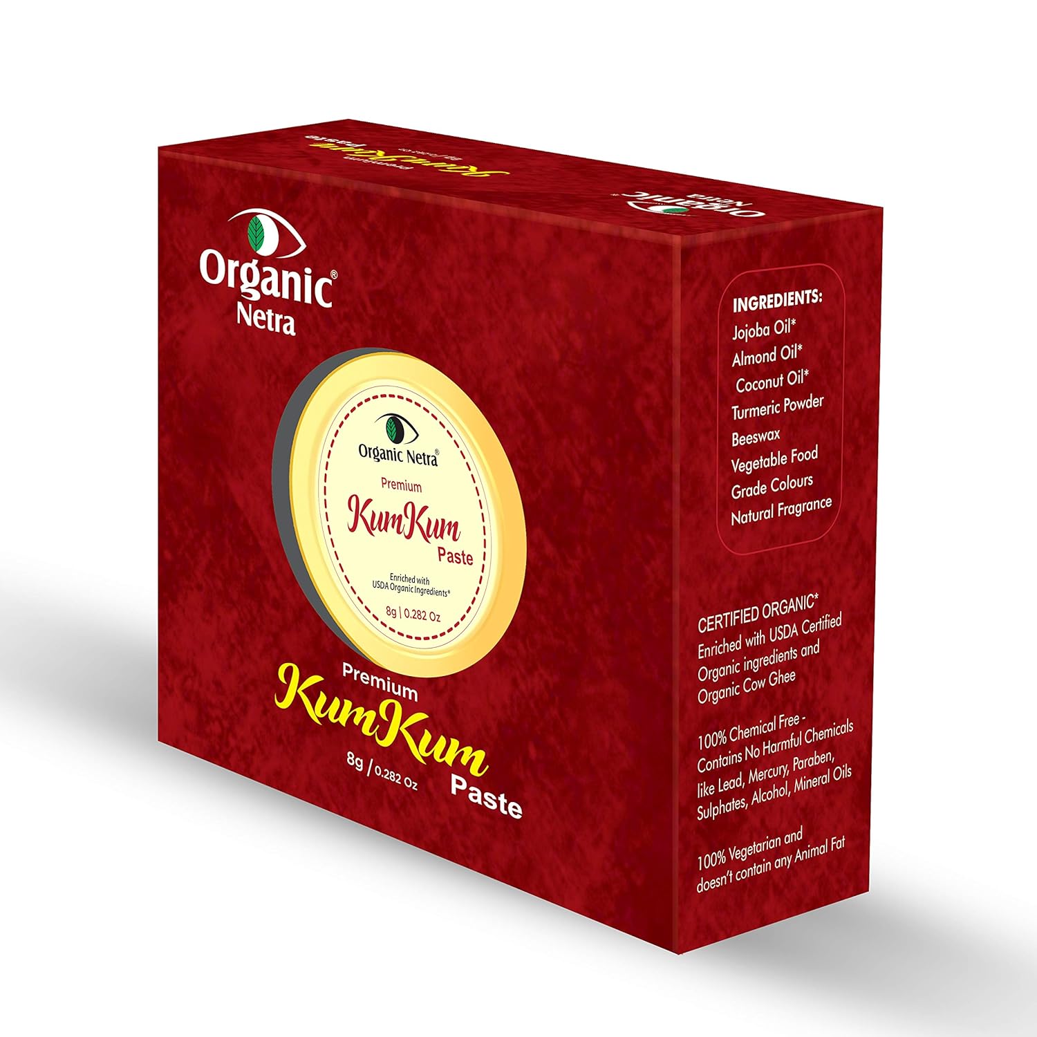 Organic Netra Pasta SindoorKumkum  Impermeable de larga duración, a prueba de manchas  Color rojo profundo puro y natural, de larga duración