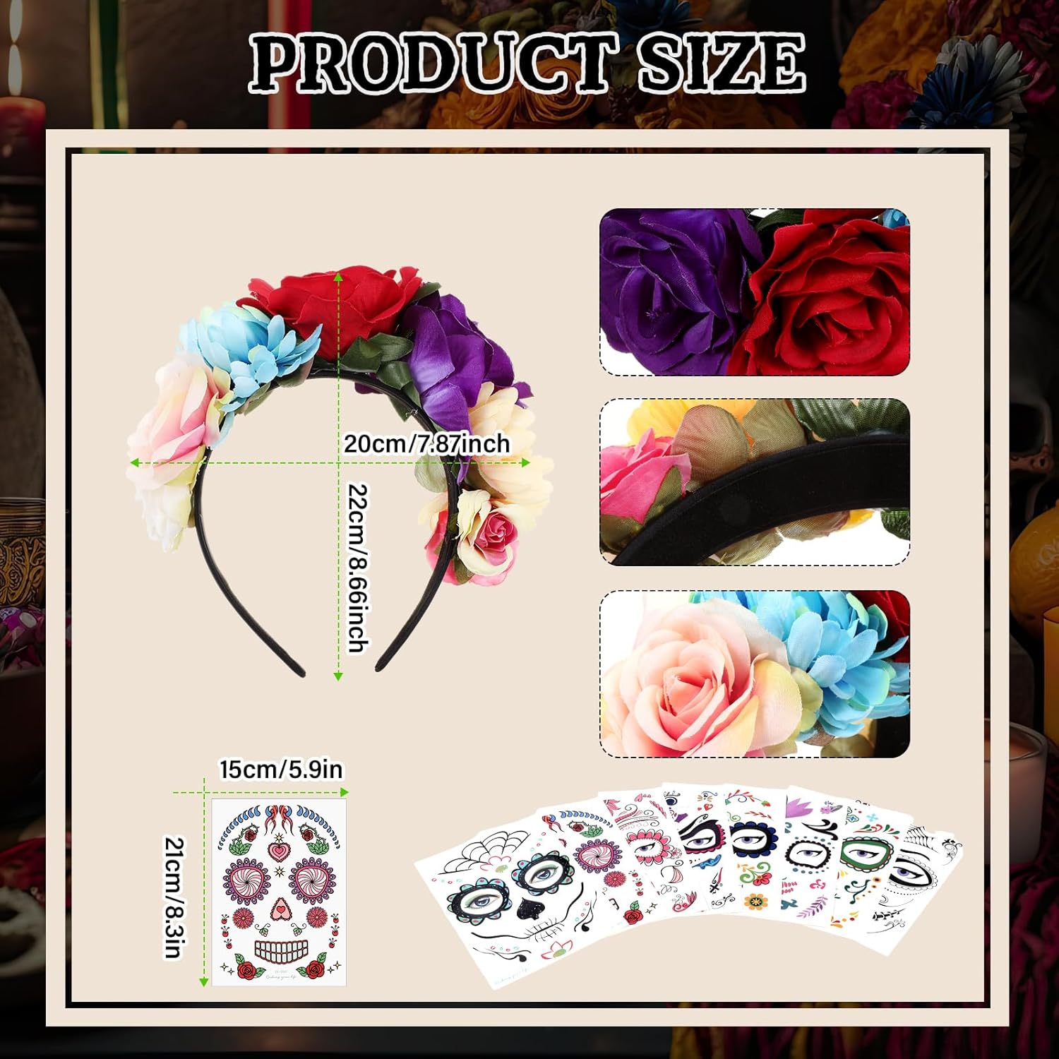 Maitys 4 piezas de tocado del Día de los Muertos, corona floral de rosas mexicanas y 8 hojas de calcomanías temporales de tatuaje de calavera floral