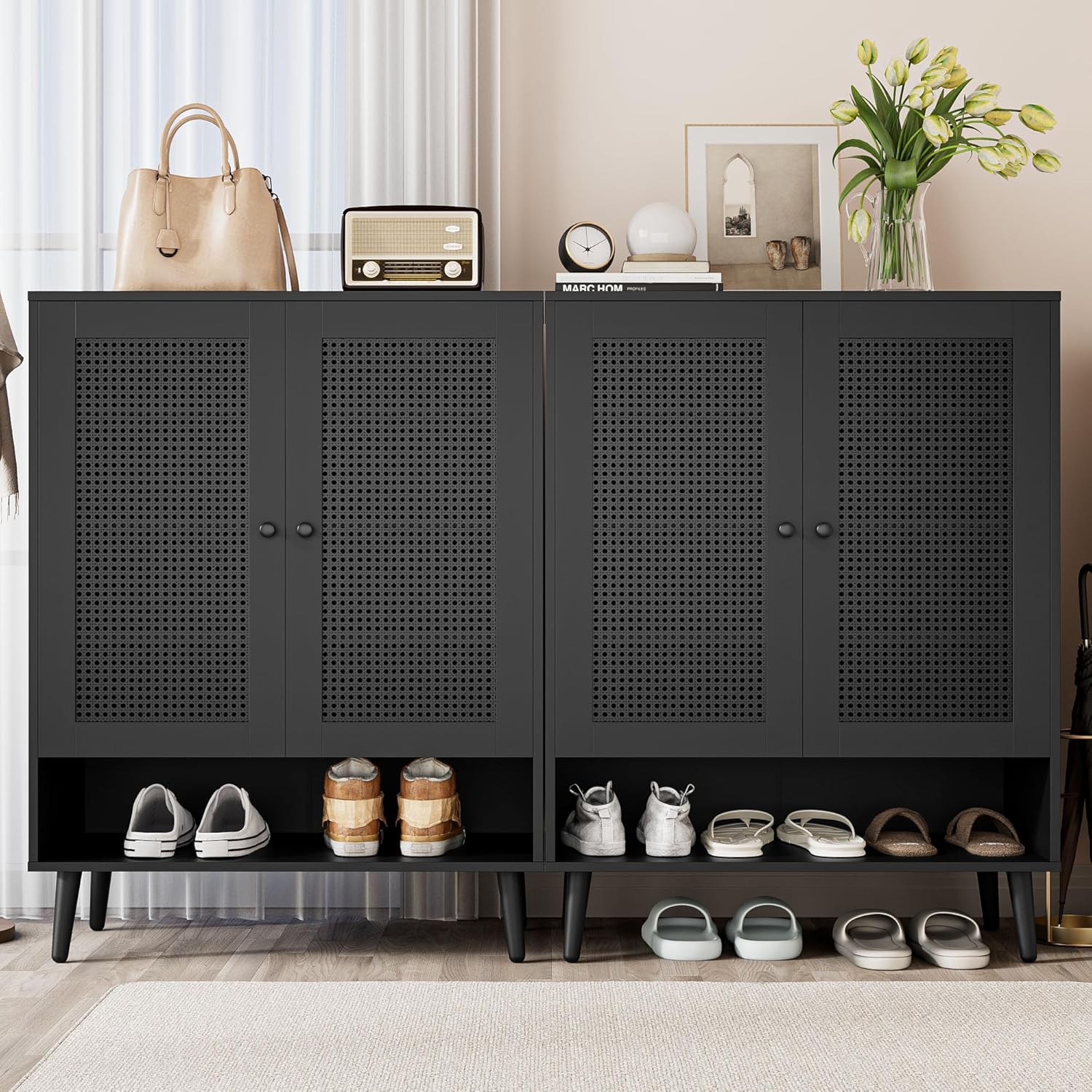 Cozy Castle Gabinete de zapatos de ratán, armario de almacenamiento de zapatos de 5 niveles con puertas de ratán y estantes ajustables, gabinete