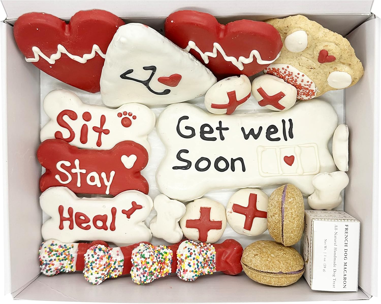 Bonne et Filou – Caja de regalo de golosinas para perros con temática de Get Well Soon – Golosinas gourmet de lujo para perros, 21 golosinas