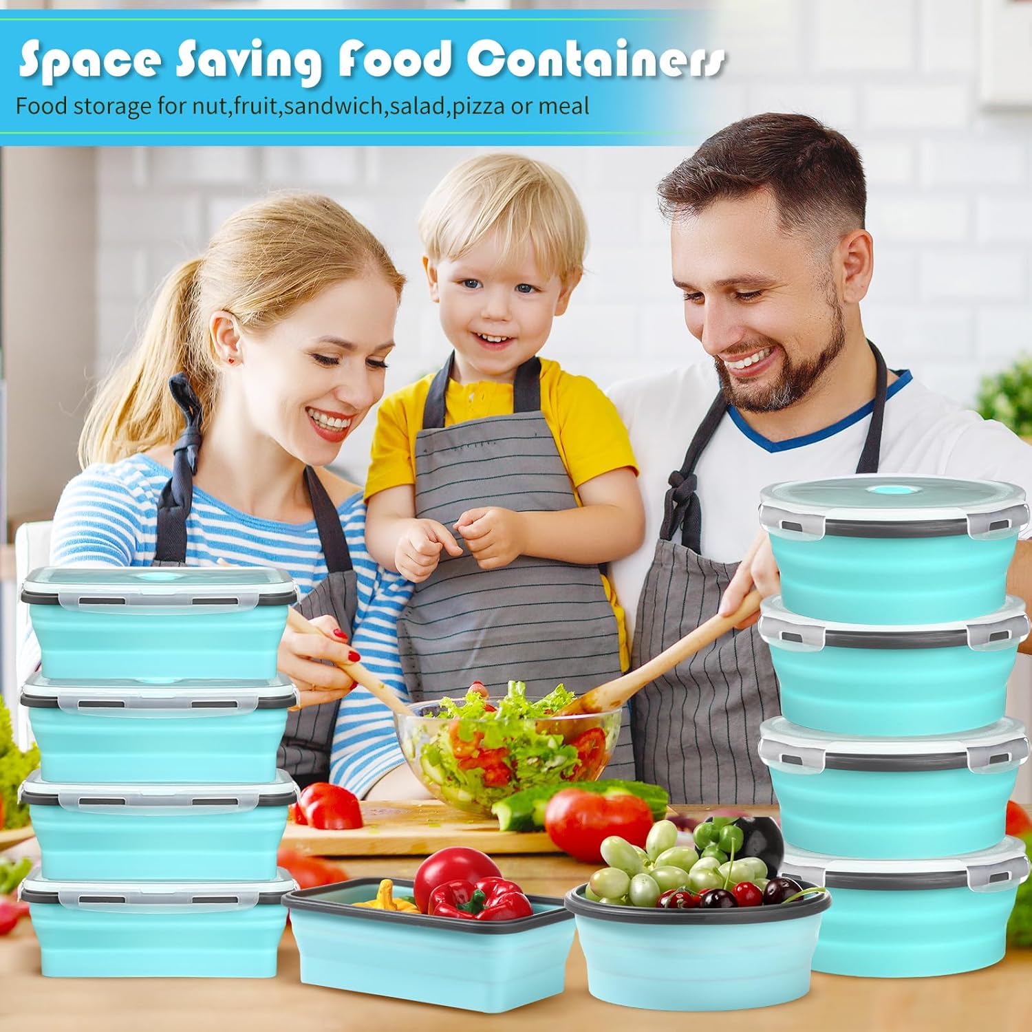 10 recipientes plegables de silicona grandes de 40.6 onzas con tapas herméticas, apilables, recipientes de almuerzo para cocina, viajes, microondas,