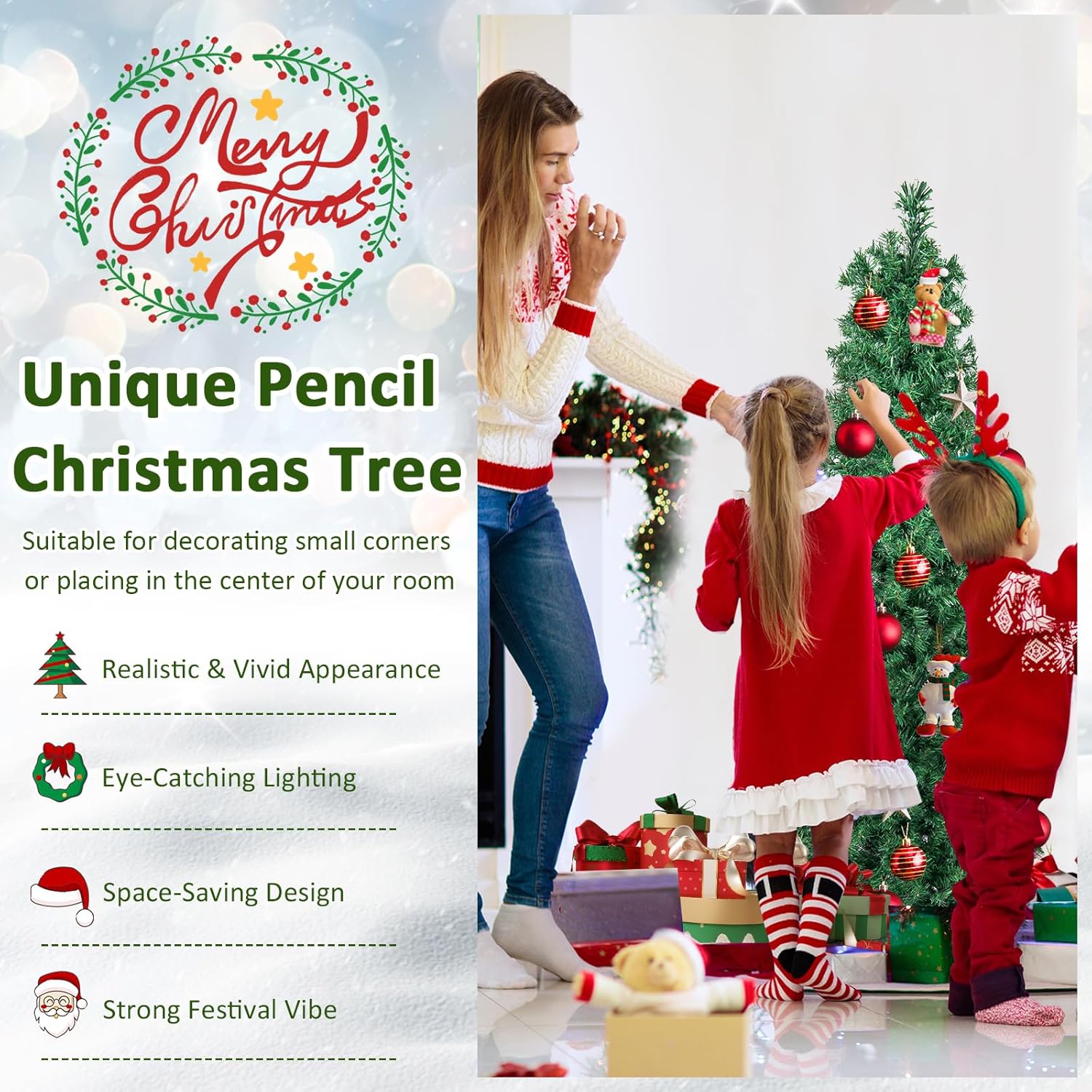 Goplus Árbol de Navidad de lápiz de fibra óptica de 5 pies, árbol de Navidad artificial delgado preiluminado con luces de colores, 361 puntas de