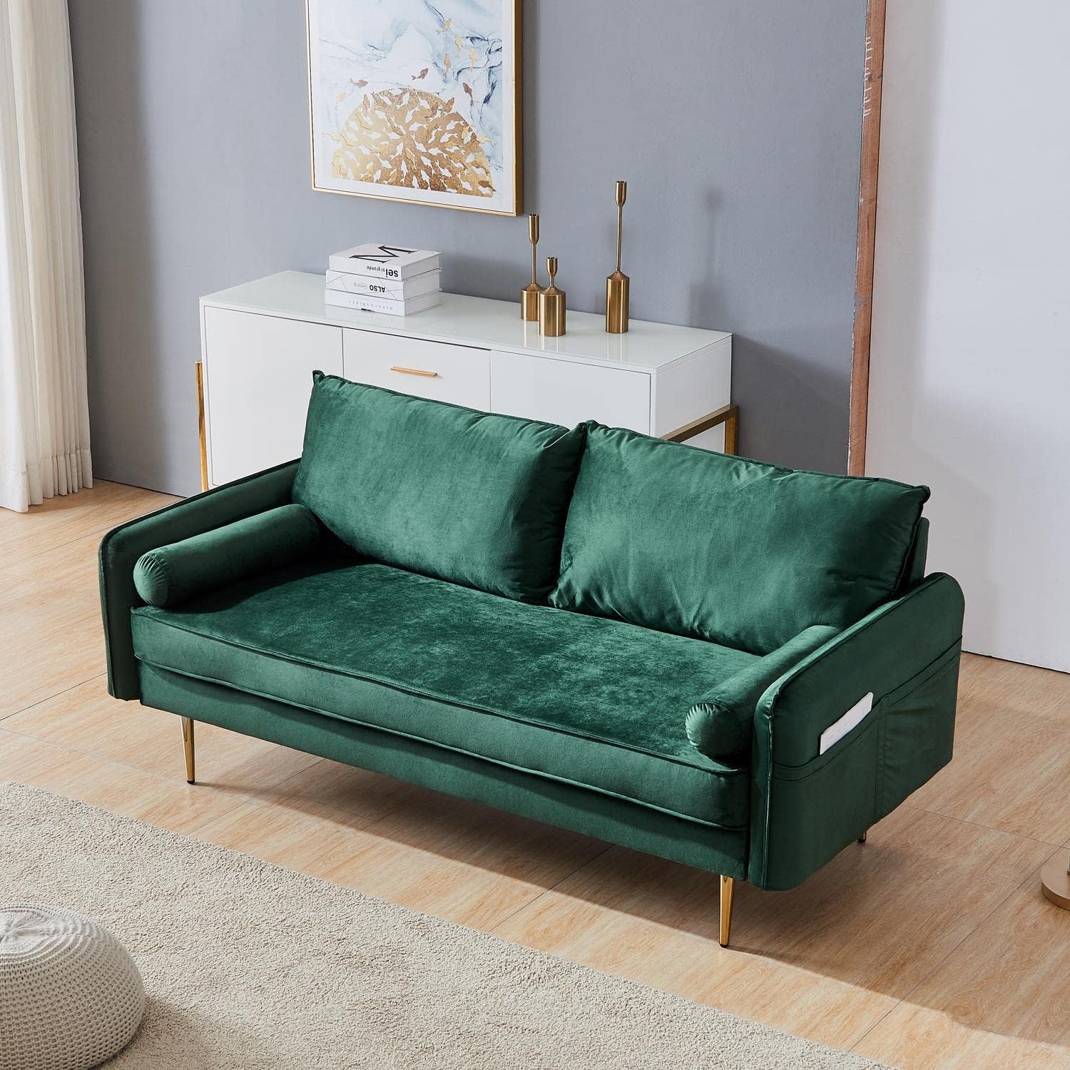 Sofá biplaza de terciopelo moderno de mediados de siglo, sofá de sala de estar de 71 pulgadas de ancho, tela de terciopelo con 2 almohadas, sofá