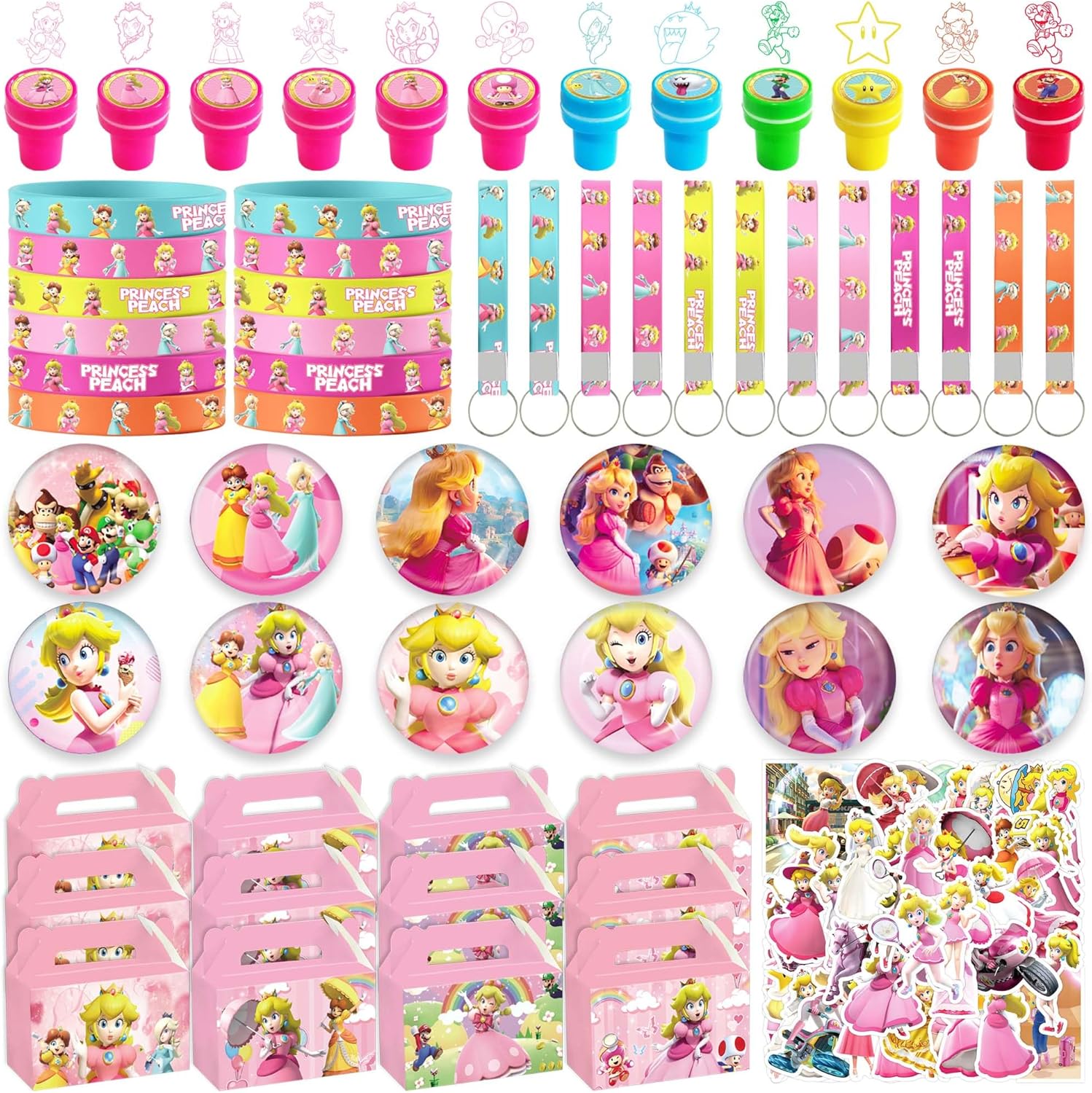 WOOACME Recuerdo de fiesta de princesa melocotón, 110 piezas de suministros de fiesta de melocotón de princesa incluyen alfileres de botón,