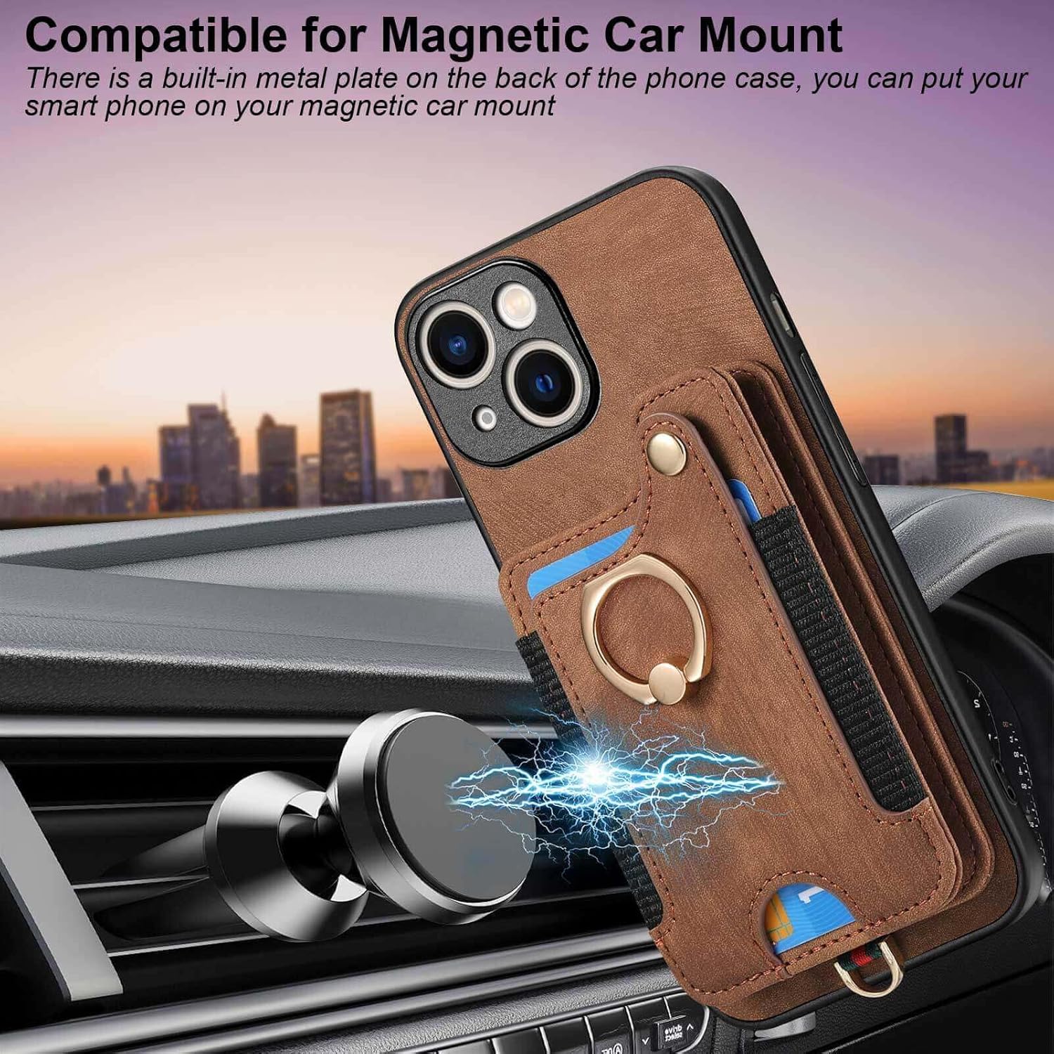 JanCalm Funda con tarjetero para iPhone 15 Plus, soporte con anillo, bloqueo RFID, protector de cámara, correa protectora magnética de cuero para