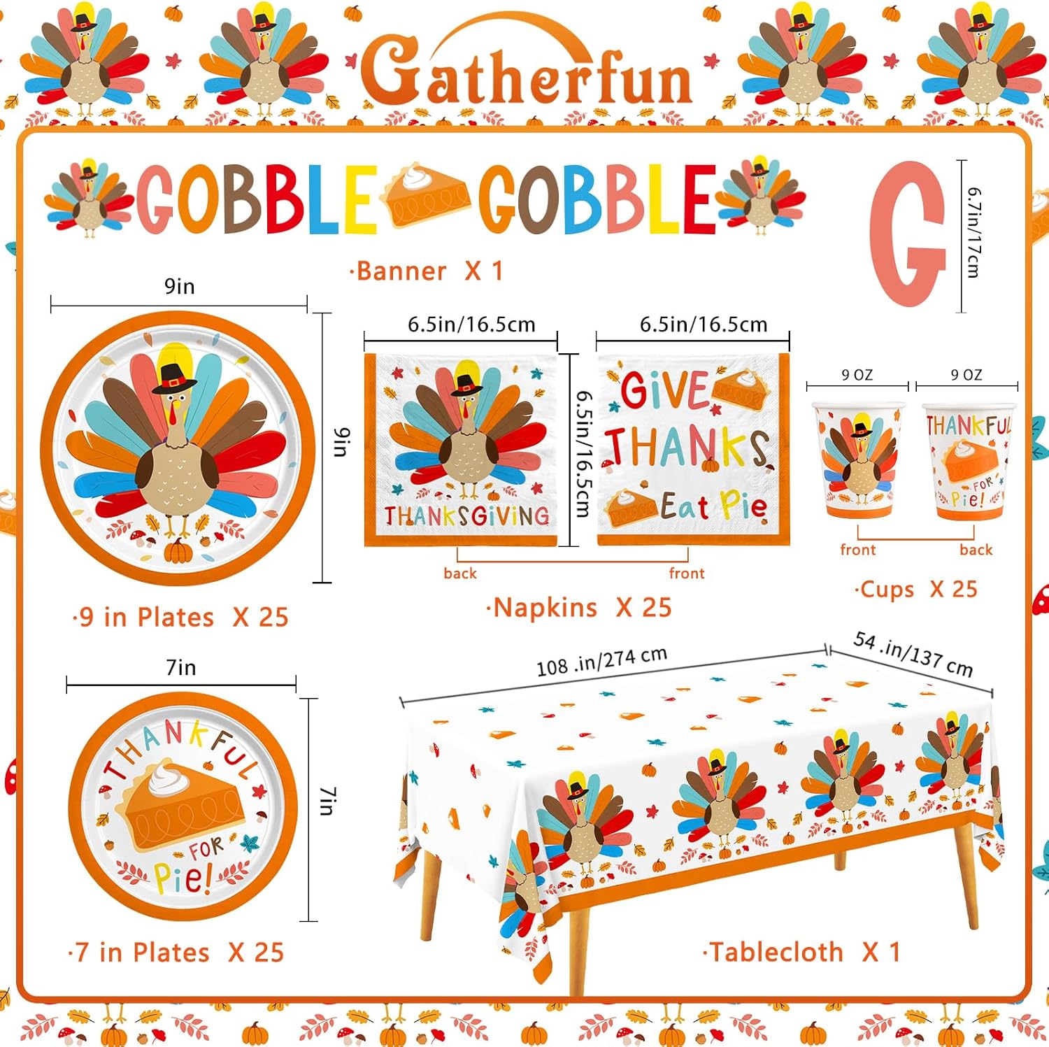 Kit de suministros para fiesta de Acción de Gracias de pavo, incluye vajilla desechable con temática otoñal platos de cena y postre, servilletas,