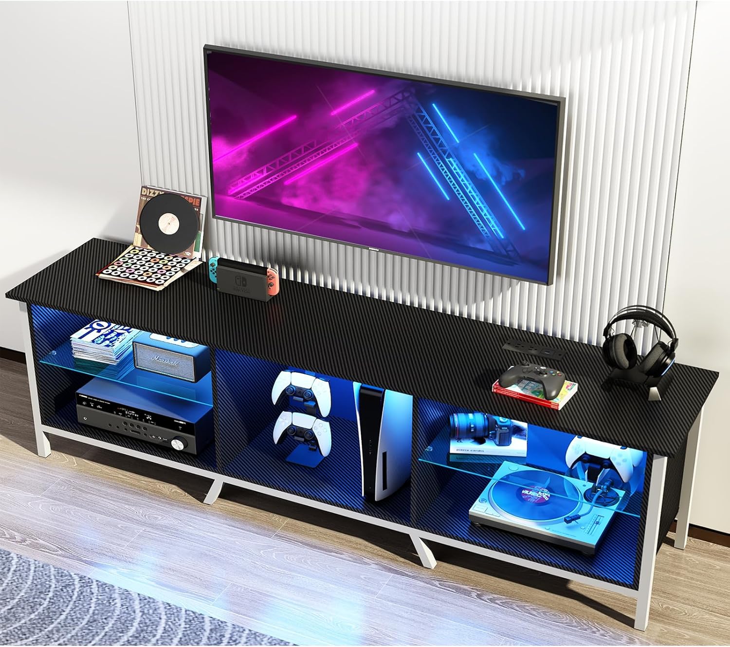 Vinctik 6&Fox Soporte de TV LED de 70 pulgadas para TV de 7580 pulgadas, soporte de TV negro brillante para sala de estar, moderno centro de