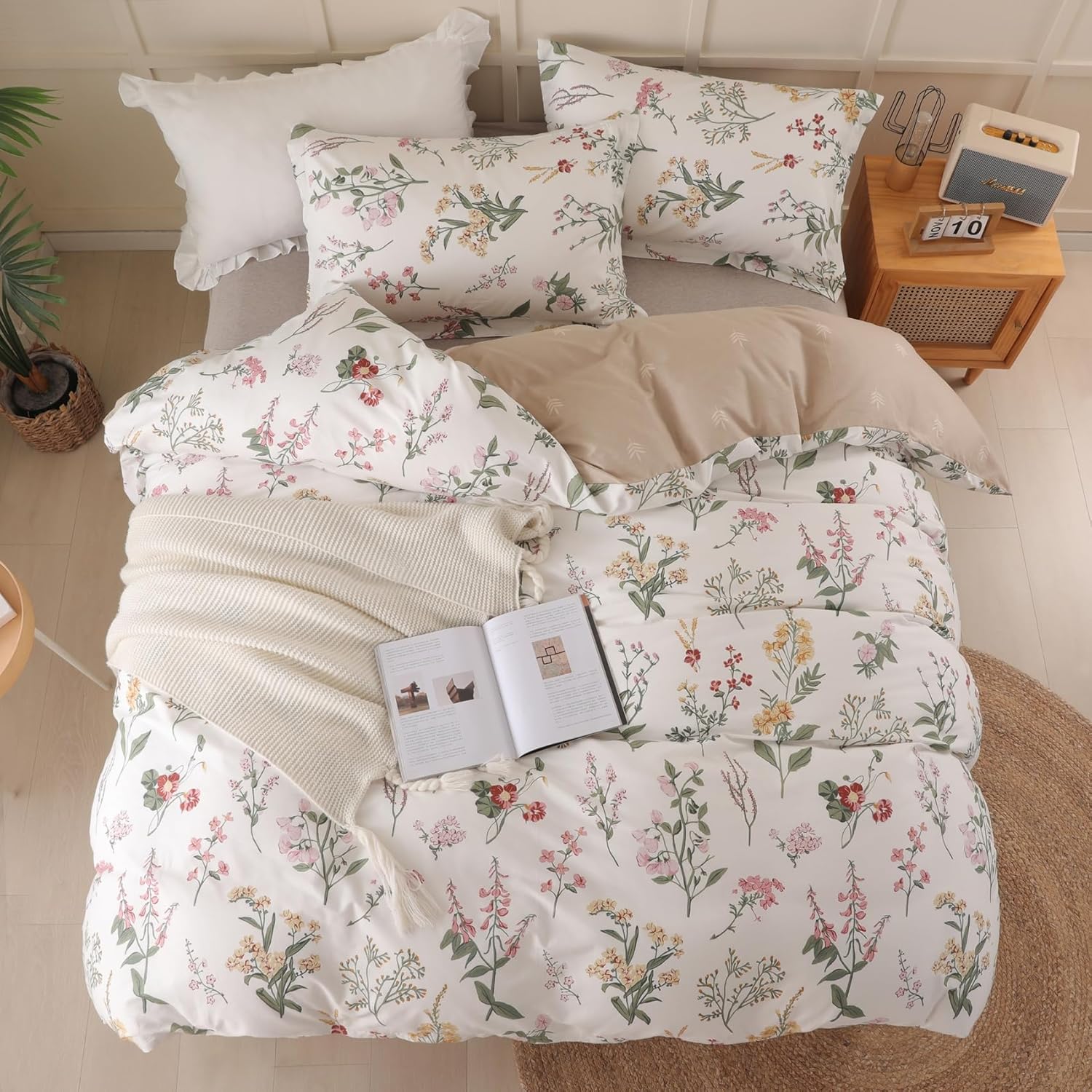OAITE Funda de edredón tamaño individual  100% algodón, funda de edredón floral de 3 piezas, funda de edredón transpirable con cierre de cremallera