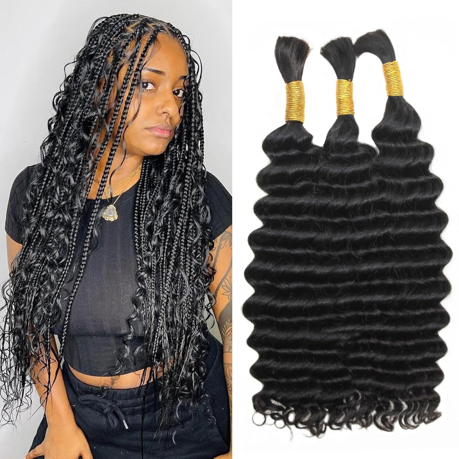 Cabello humano trenzado a granel, cabello humano virgen ondulado profundo, cabello trenzado para trenzas bohemias sin nudos bohemias, sin trama,