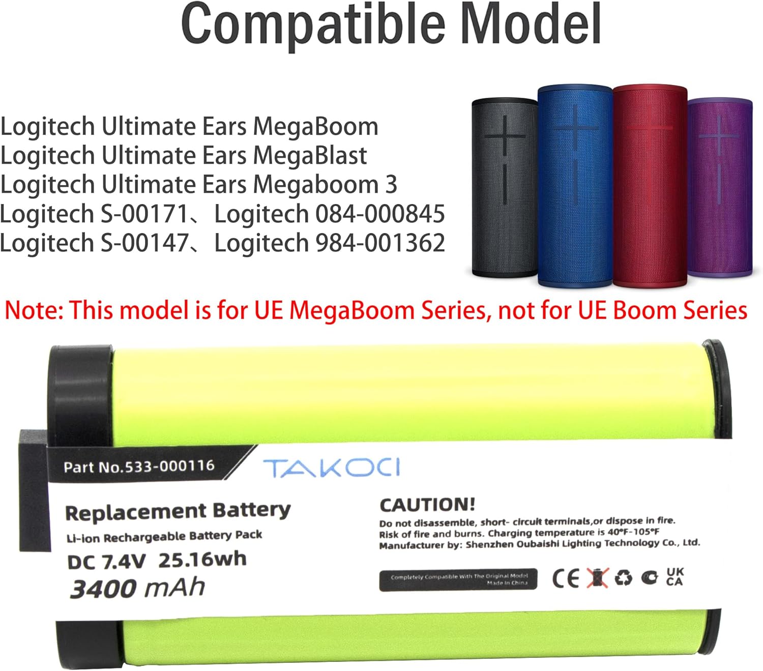 Batería de repuesto para altavoz Bluetooth inalámbrico Logitech UE MegaBoom Series compatible con el número de pieza 533-000116 533-000146 7.4V