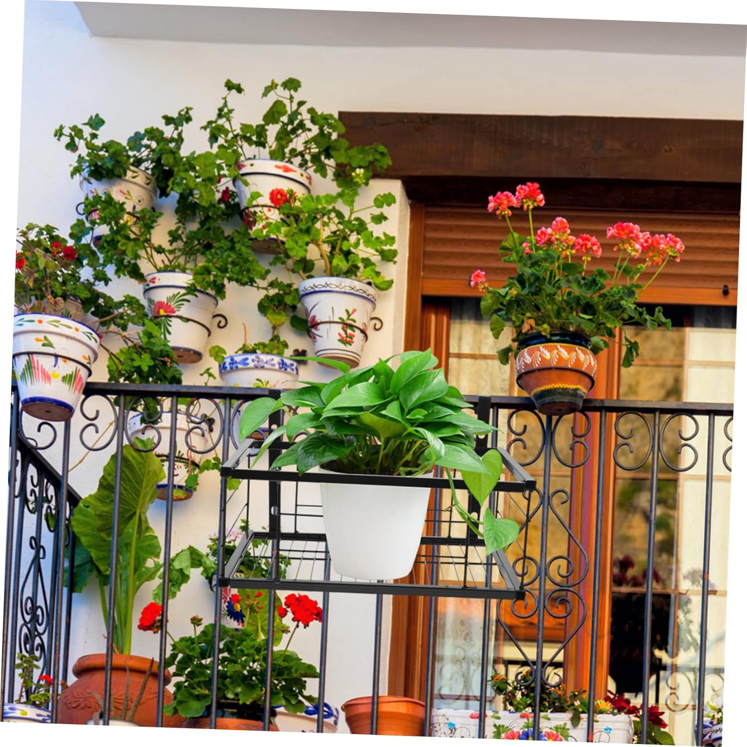 1 juego de valla de hierro forjado soporte de flores colgante para plantas cesta barandilla estante cocina estante maceta estante metal planta