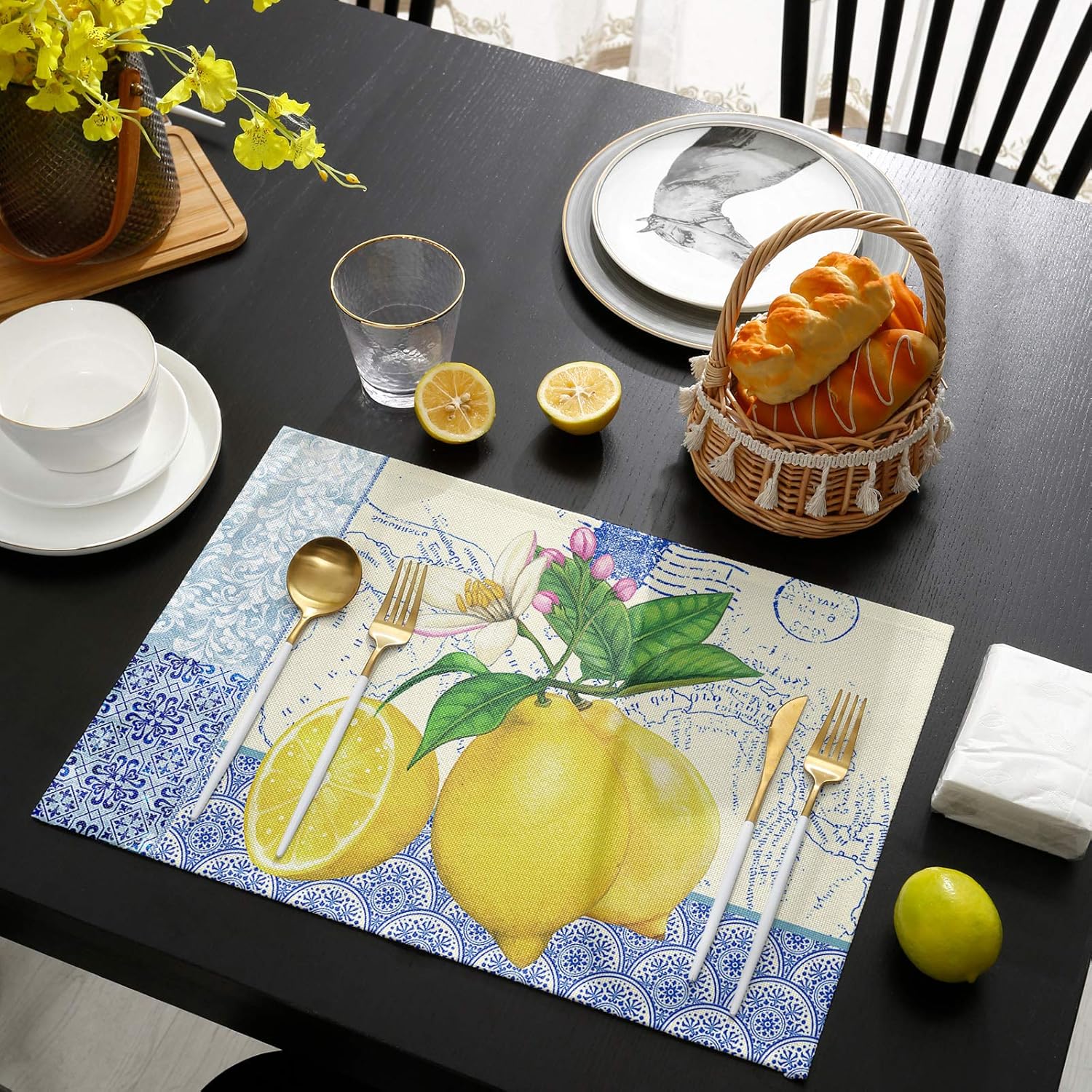 Manteles individuales de mesa, Summer Farm Limón, vintage, azul y blanco, porcelana, algodón, lino, reutilizables, antideslizantes, con aislamiento