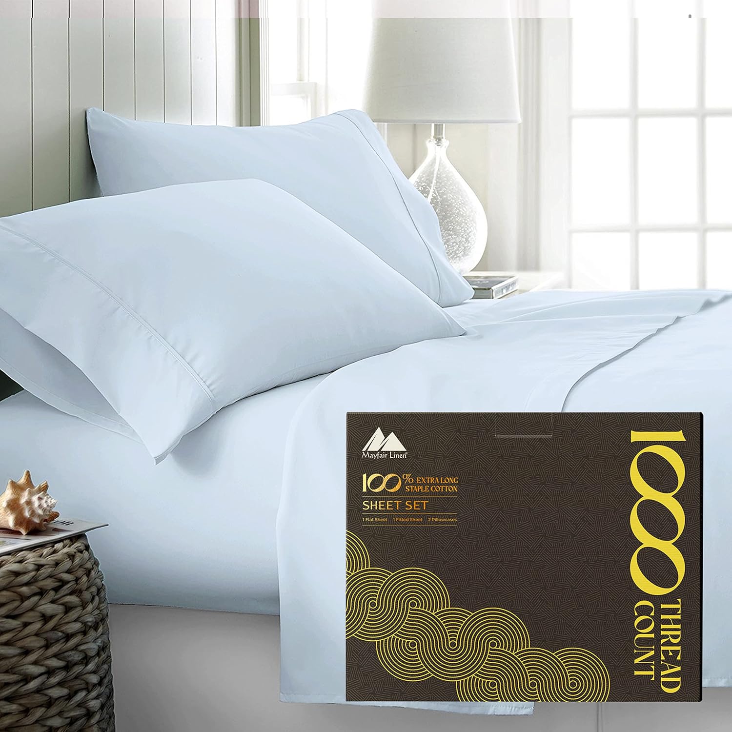 Mayfair Linen Sábanas 100% de algodón egipcio, tamaño California King, 1000 hilos, 4 piezas, color azul claro, para cama de tamaño California King,