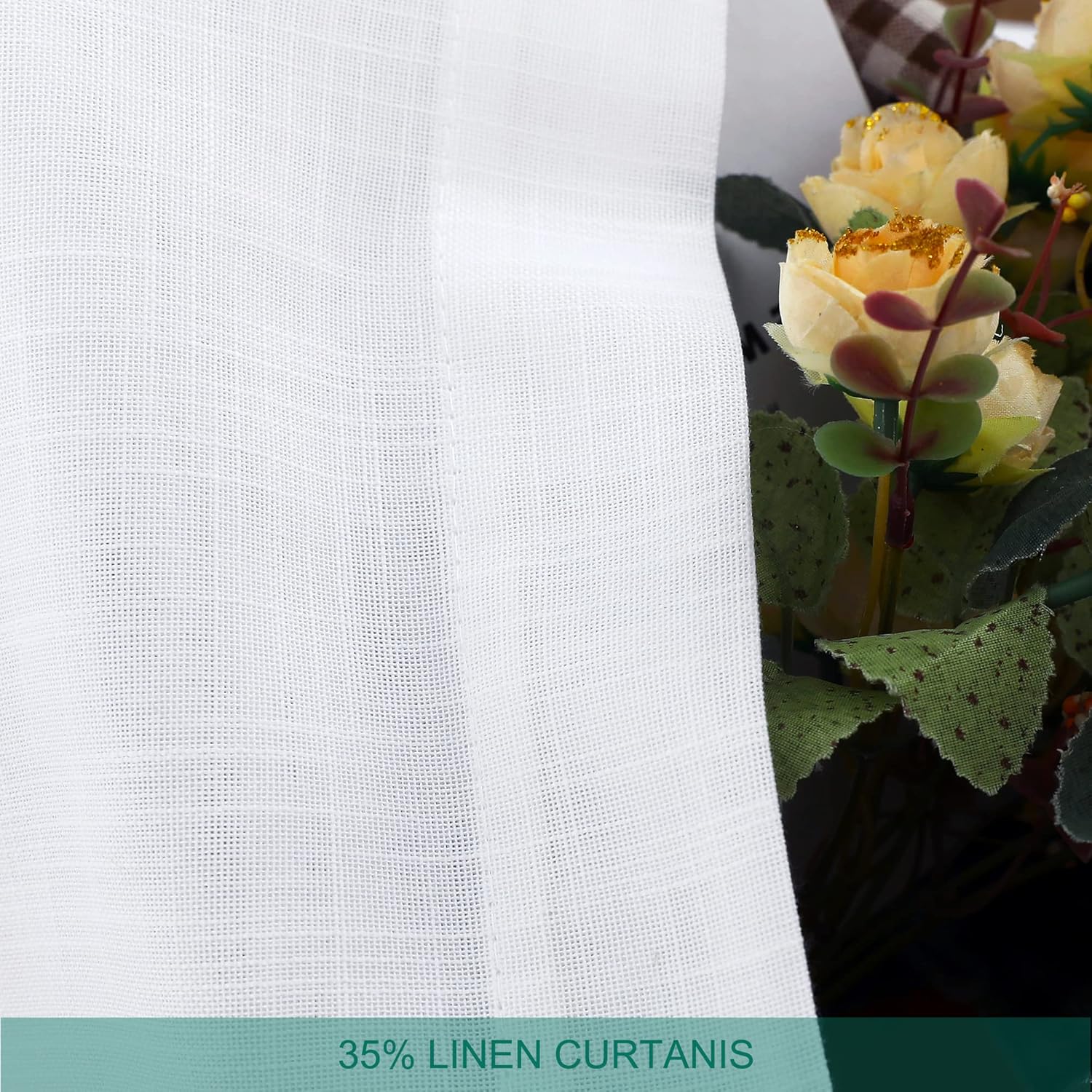 Hoydumuia Cortinas de lino blanco puro de 63 pulgadas de largo con pestaña trasera, bolsillo con lazo y textura de algodón, juego de 2 paneles de