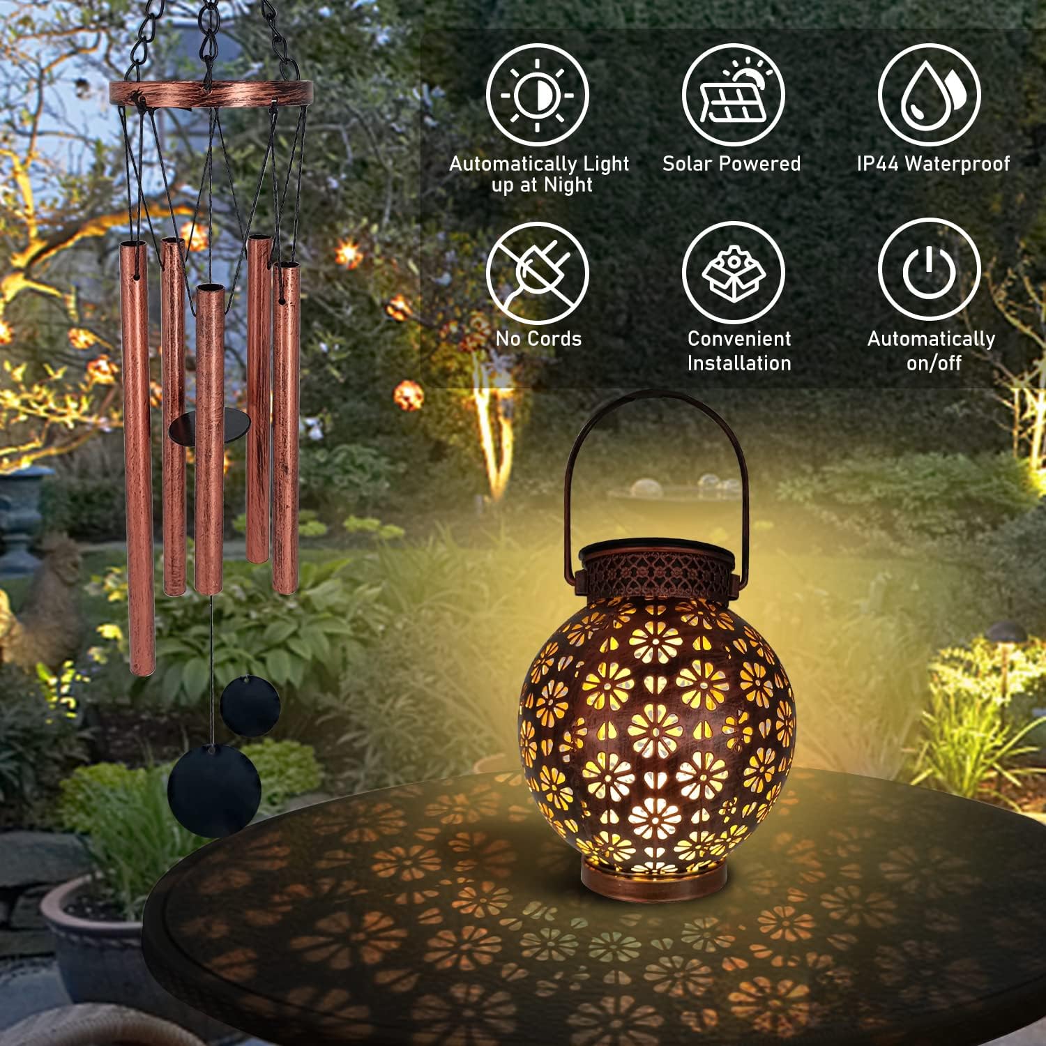 Astarin 2 campanillas de viento solares para colgar en exteriores, luces solares LED, farol de jardín al aire libre, decorativo, como regalo para