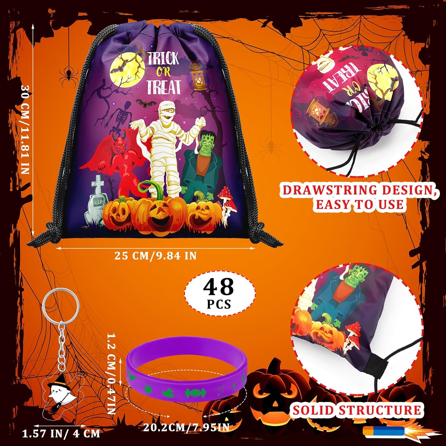48 piezas de recuerdos de fiesta de Halloween, 16 bolsas con cordón para fiesta de Halloween, bolsas de dulces para dulce o truco, 16 pulseras de