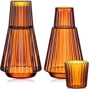 Juego de 2 jarras de vidrio a rayas de 34 onzas y juego de jarras de agua vintage con vaso, mesa de noche ámbar, vaso de agua con taza, decantador Juego de 2 jarras de vidrio a rayas de 34 onzas y juego de jarras de agua vintage con vaso, mesa de noche ámbar, vaso de agua con taza, decantador