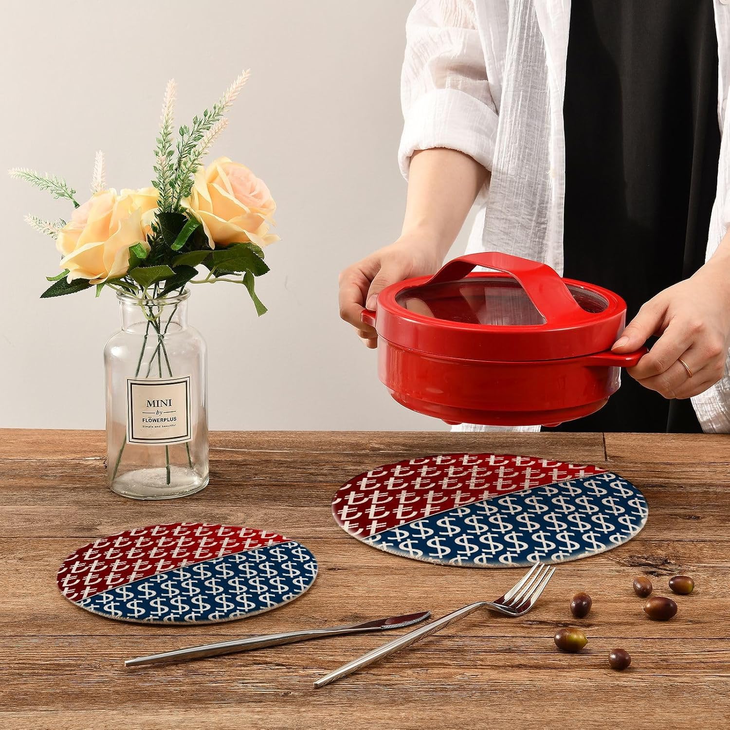 Us Dollar Trivet Pot Holder Turkish Lira Round Woven Potholders Set Kitchen Placemats 2PCS Cotton Rope Table Hot Pads Stylish Coasters Heat