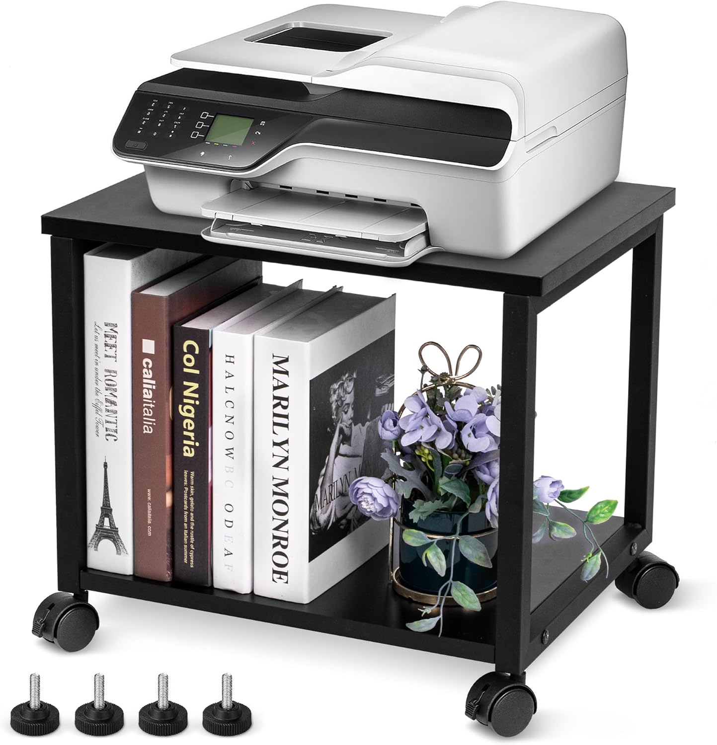 Cakokow Soporte para impresora debajo del escritorio, mesa de impresora móvil industrial de 2 niveles con estante de almacenamiento, carrito de