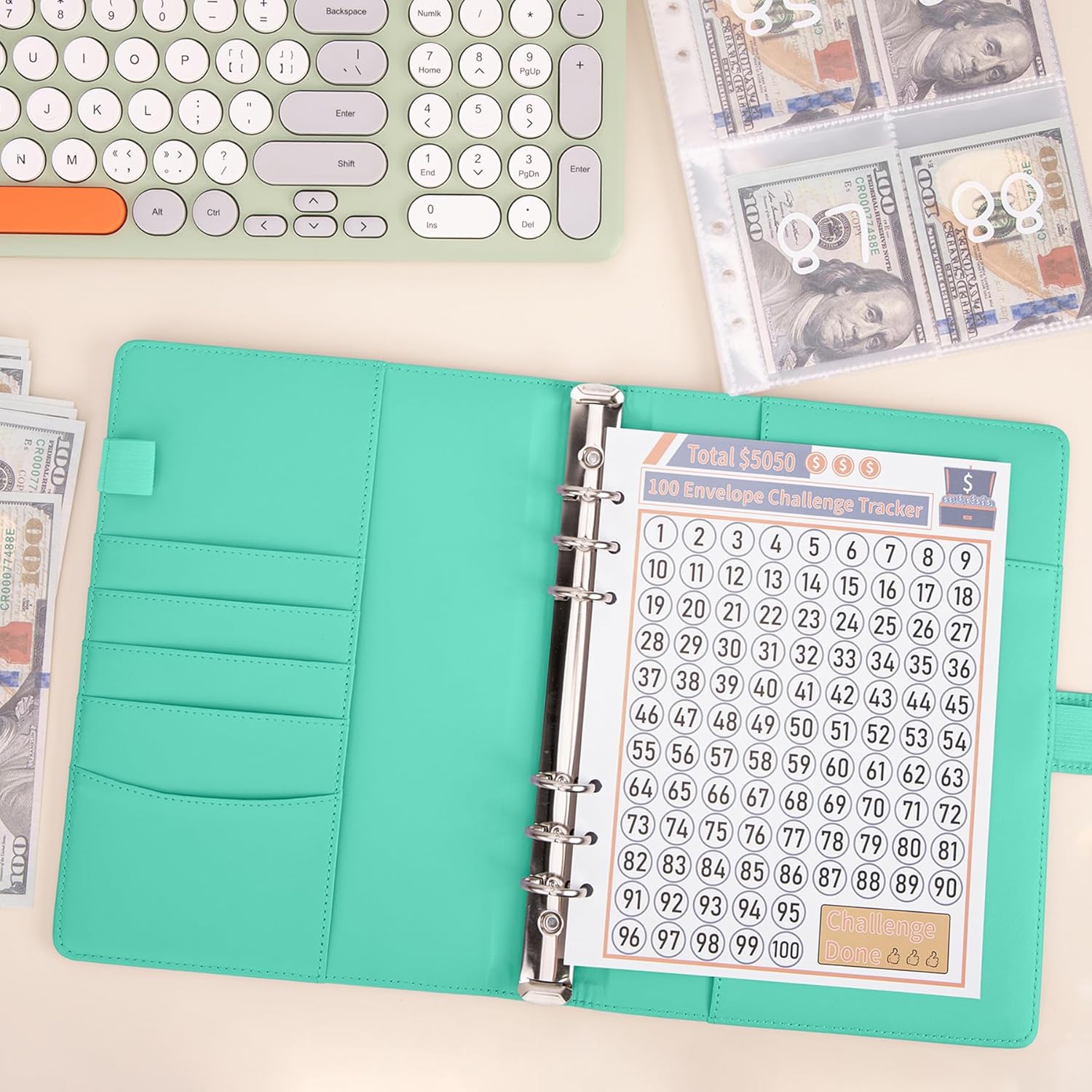 Carpeta de desafíos de ahorro de dinero con 100 sobres, carpeta de presupuesto A5 con sobres de efectivo, libro de desafíos de ahorro para ahorrar