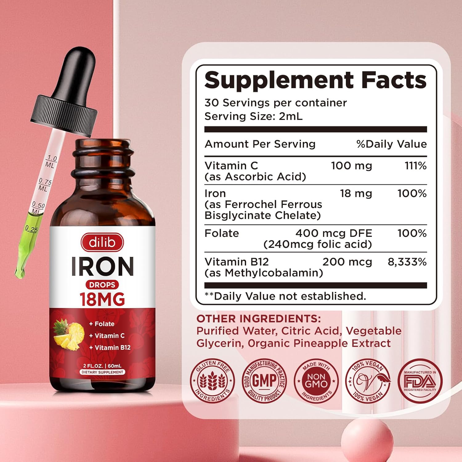 Suplemento de hierro líquido para mujeres y hombres, suplementos de hierro para anemia con folato, vitamina C, B12 para soporte de glóbulos rojos,