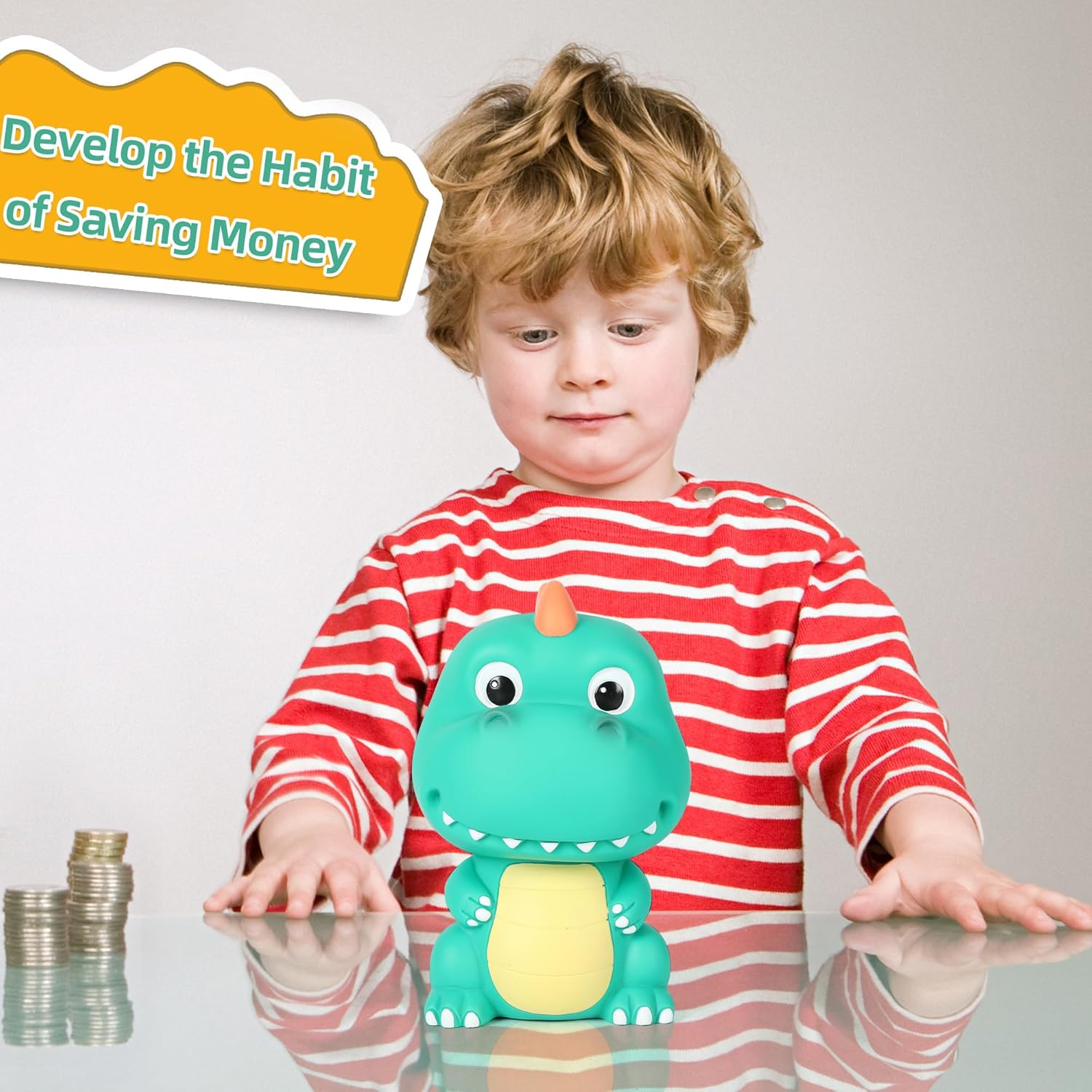 H&W Banco de dinero de dinosaurio con bonita cabeza grande, alcancía de tiranosaurio Rex inastillable, primer banco de monedas, el mejor cumpleaños