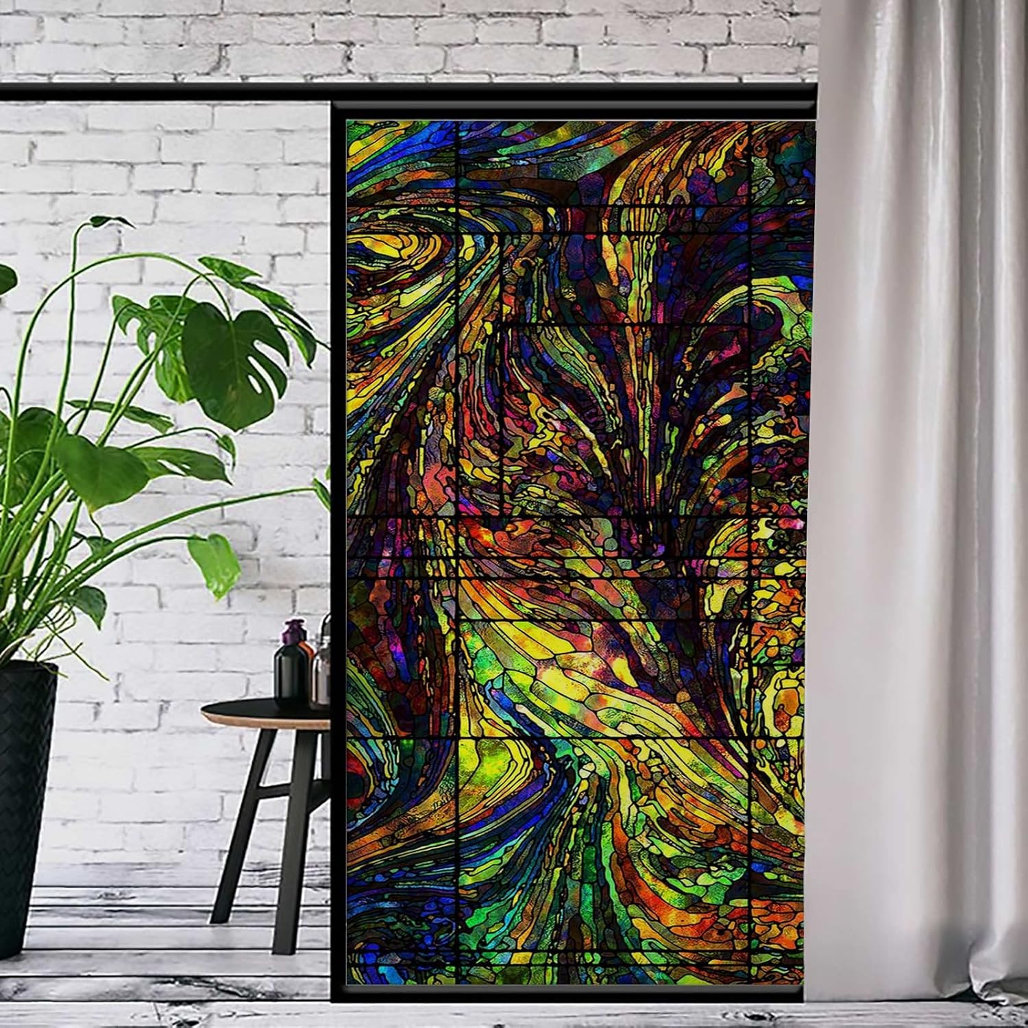 Lámina de vitrales para ventana, privacidad, abstracto, colorido, decorativo, esmerilado, sin pegamento, adherencia estática, 35.4 x 78.7 pulgadas