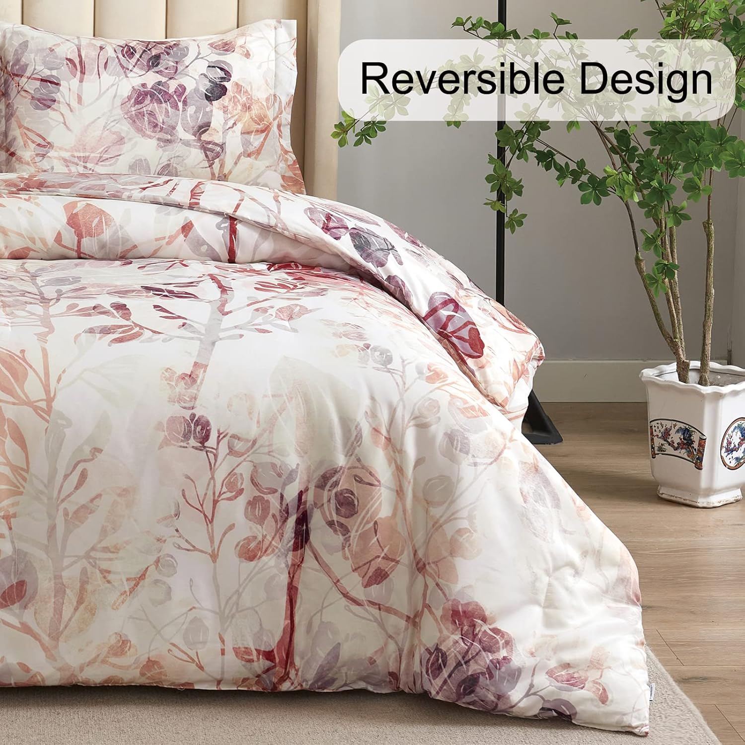 Juego de edredón vintage bohemio tamaño Queen  Juegos de ropa de cama floral con césped y plumas de estilo retro para mujeres, adolescentes y niñas,