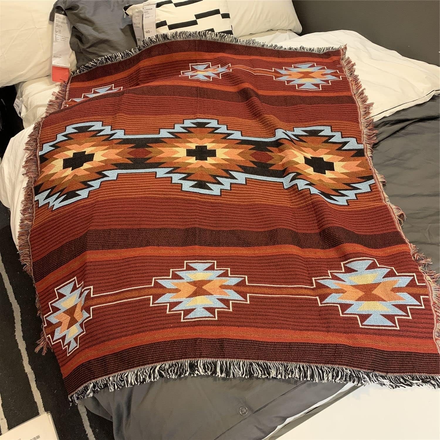 CCHYF Manta azteca roja de nativos americanos, decoración bohemia del suroeste, reversible, con borlas tejidas, mantas y mantas mexicanas para sofá,