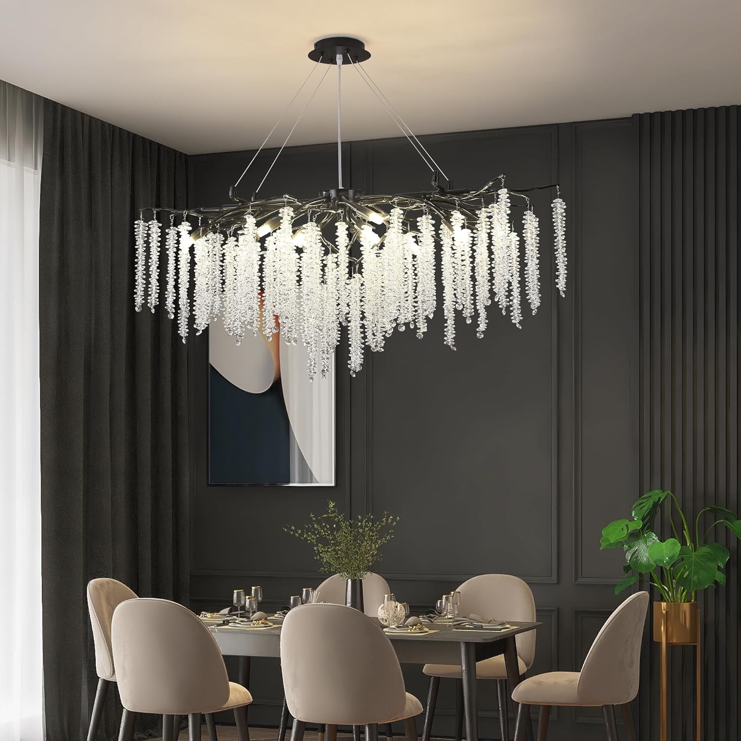 Candelabro moderno de ramas de árbol de cristal, color negro, de 42 pulgadas, estilo Art Deco, grande, rectangular, lineal, con gotas de lluvia para