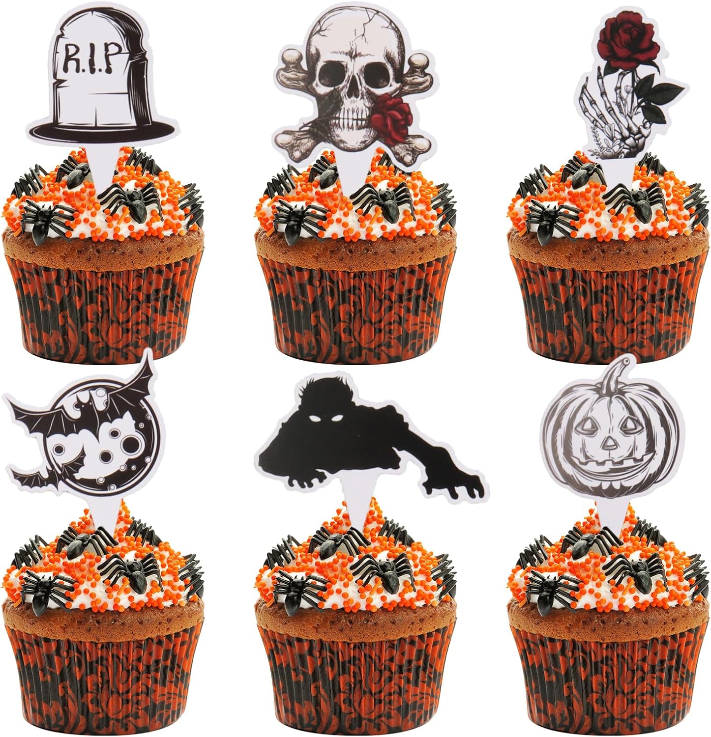 48 decoraciones para cupcakes de Halloween, decoración de cupcakes de terror, calavera rosa, murciélago, calabaza, cupcakes, decoraciones para