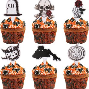 48 decoraciones para cupcakes de Halloween, decoración de cupcakes de terror, calavera rosa, murciélago, calabaza, cupcakes, decoraciones para 48 decoraciones para cupcakes de Halloween, decoración de cupcakes de terror, calavera rosa, murciélago, calabaza, cupcakes, decoraciones para