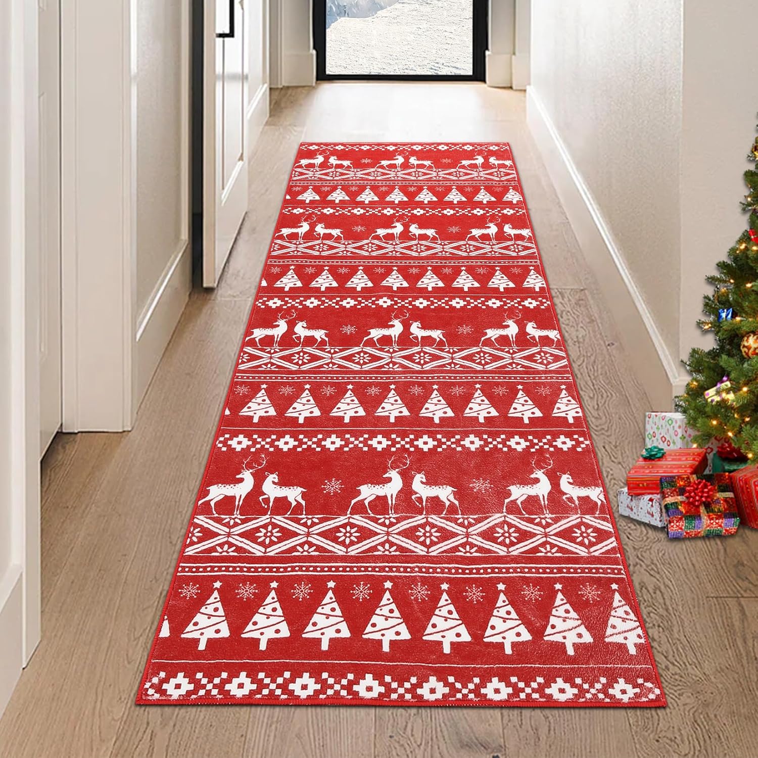 RUGSREAL Alfombra de pasillo de Navidad con árbol de Navidad y ciervos, alfombra decorativa de Navidad, lavable a máquina, alfombra de piso para