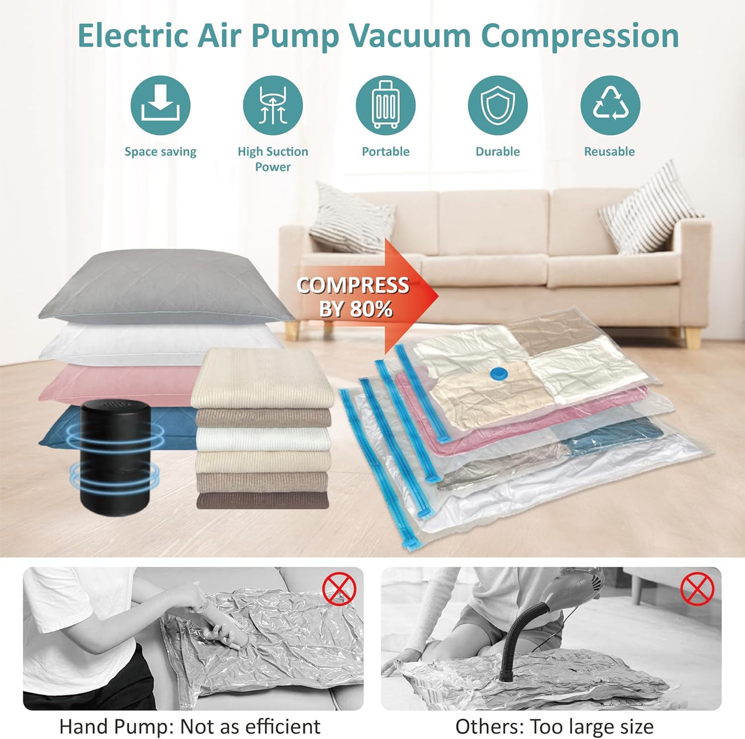 Bolsas de almacenamiento al vacío con bomba eléctrica, paquete de 20 (3 jumbo3 grande7 mediano7 pequeño), bolsas ahorradoras de espacio con bomba,
