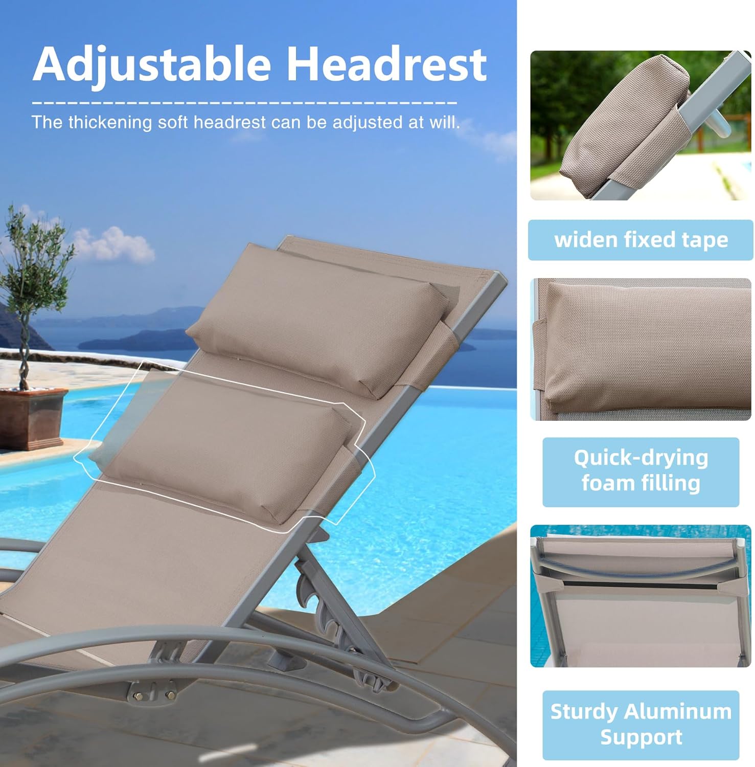Domi – Juego de 2 sillas de piscina ajustables de aluminio, para exteriores, sillas de piscina para todo tipo de clima, para terraza, césped, junto